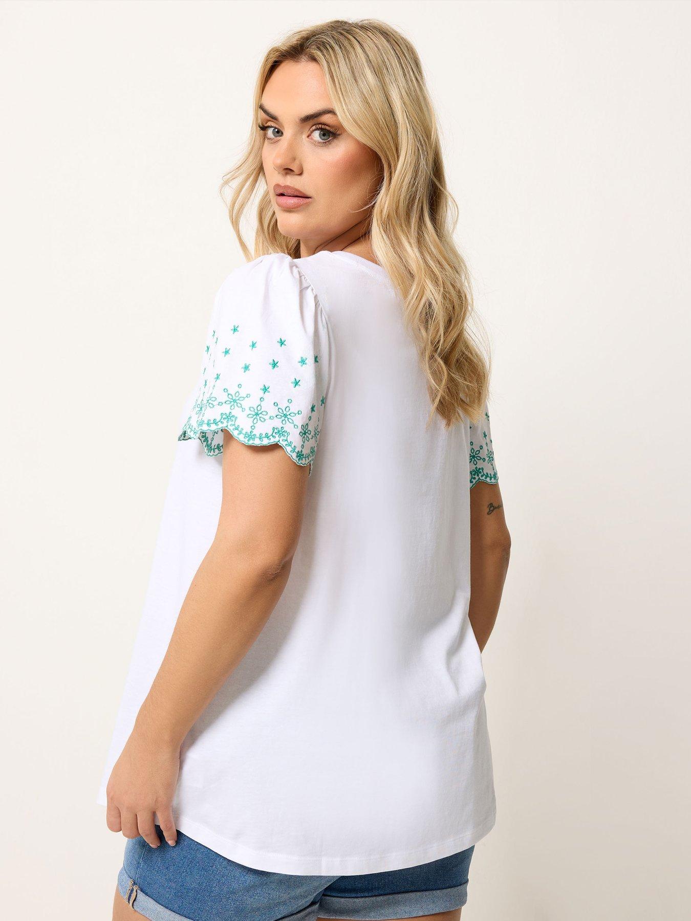 Image 2 of 5 of Yours Curve Angel Sleeve Embroidered T-Shirt - White