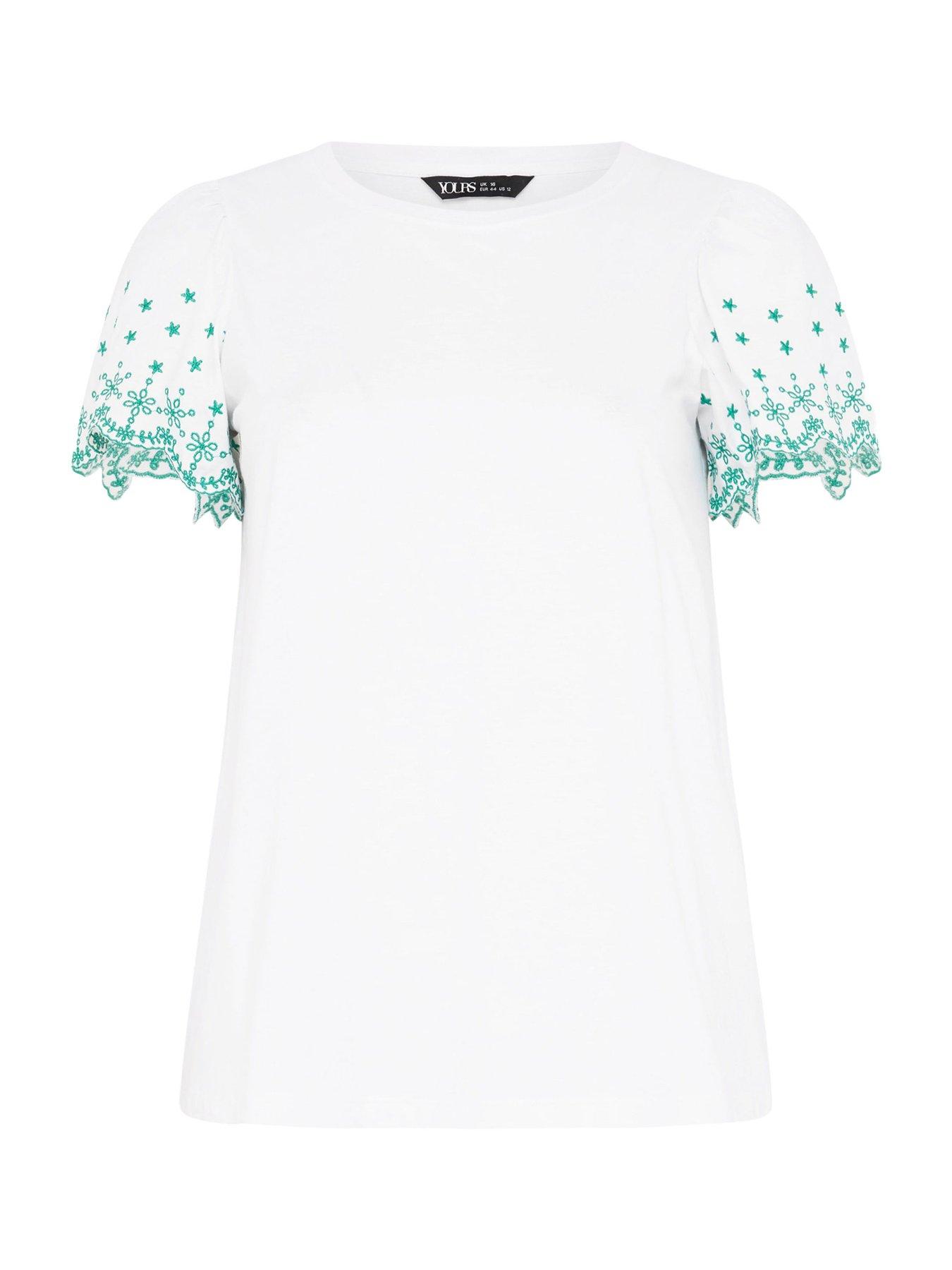 Image 5 of 5 of Yours Curve Angel Sleeve Embroidered T-Shirt - White