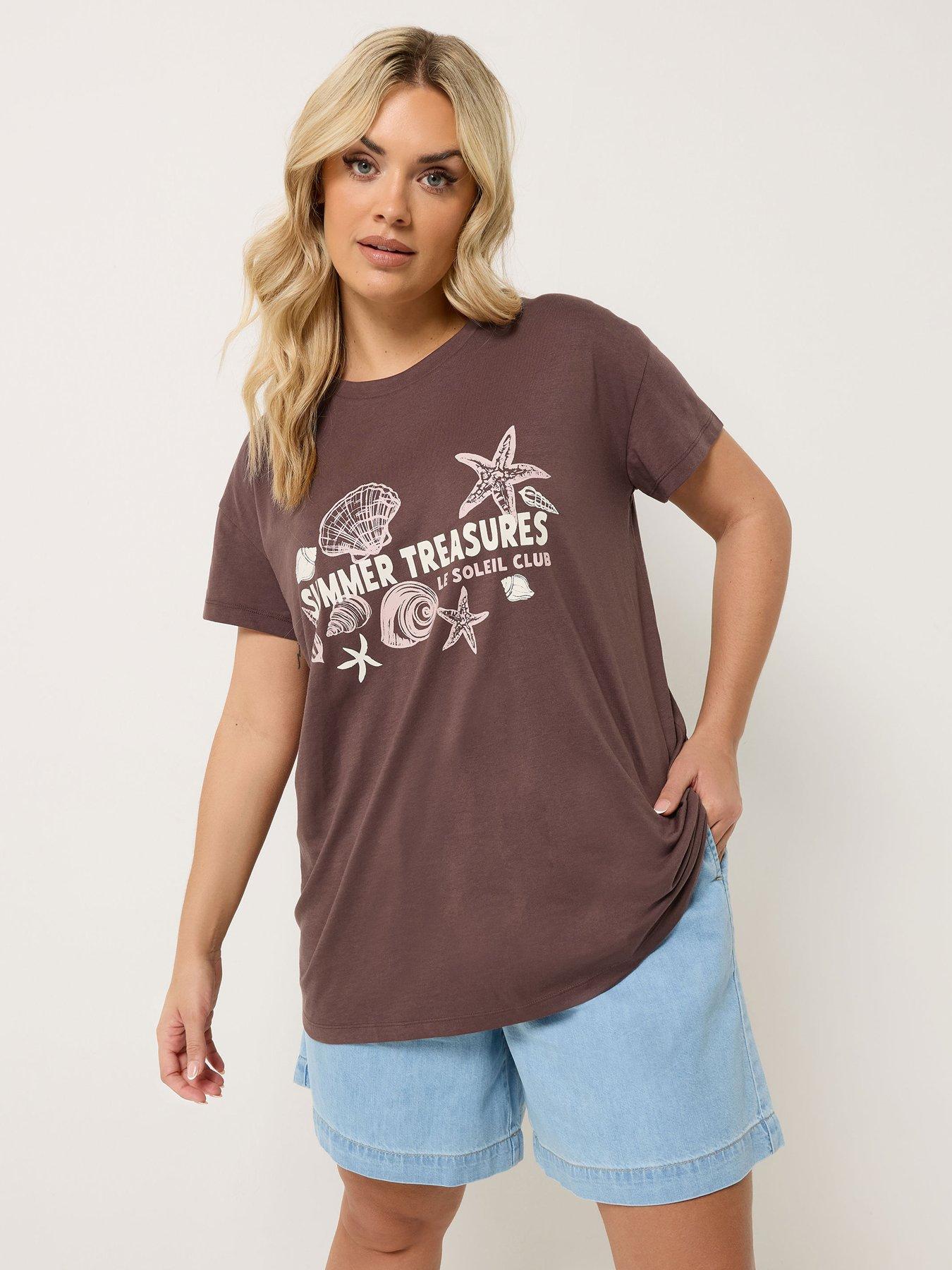 Yours Curve Placement T-Shirt - Brown