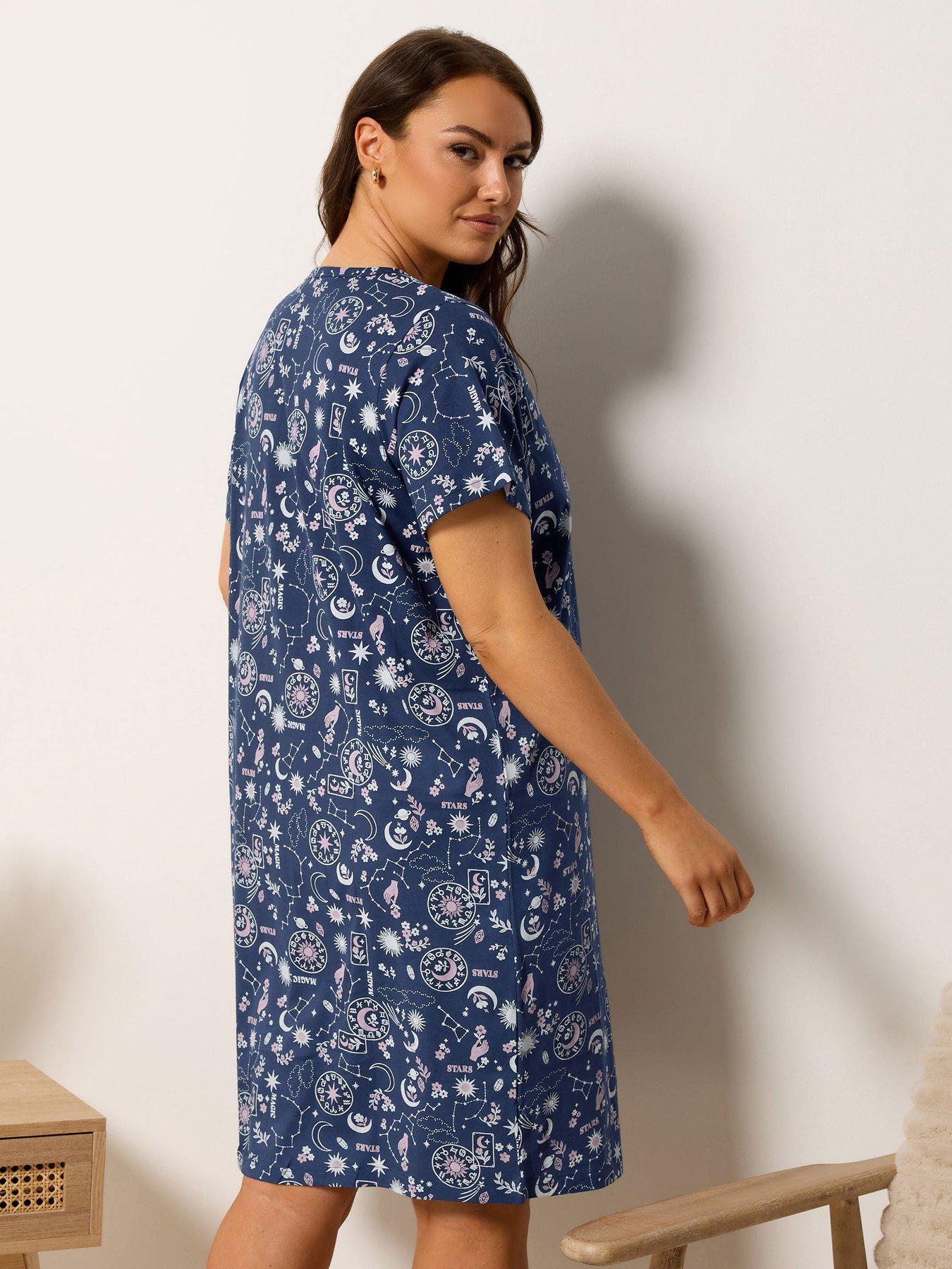 Image 2 of 5 of Yours Curve Summer Celestial Placket Night Dress - Blue