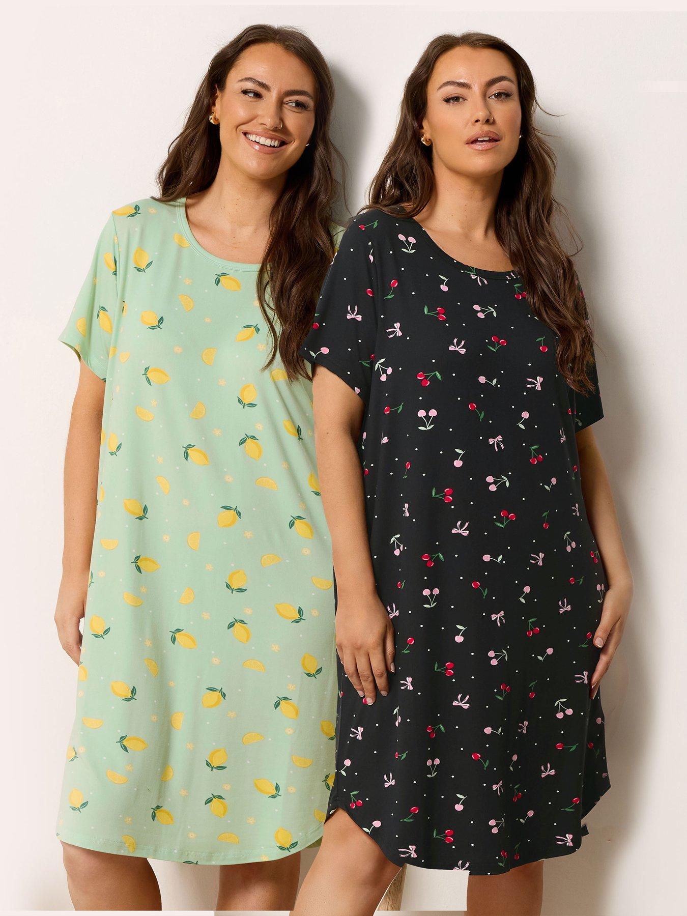 Yours Curve 2 Pack Soft Touch Fruit Dipped Back Nightdress - Black/Green