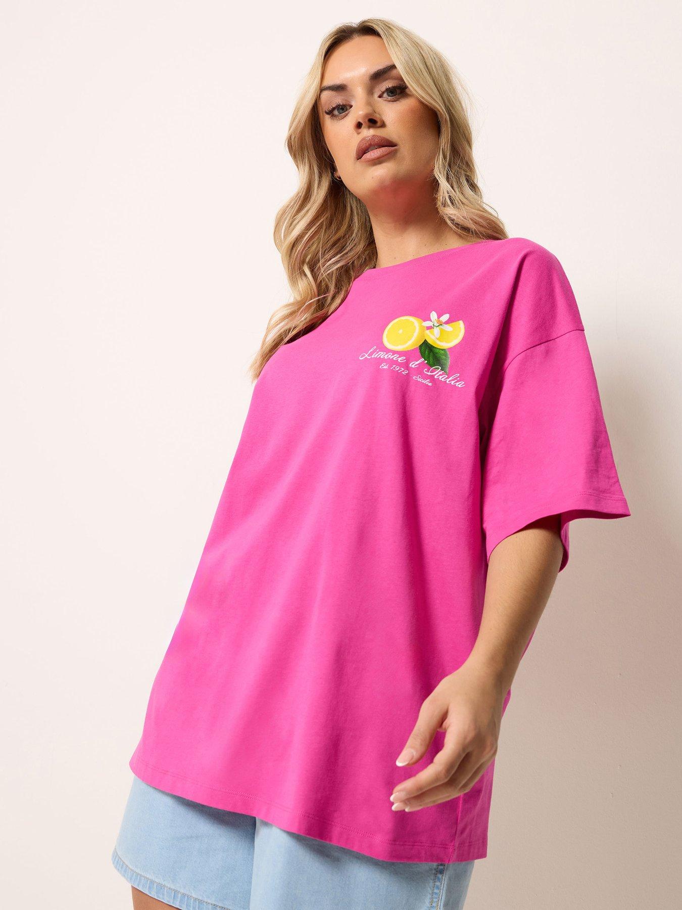Image 1 of 5 of Yours Curve Placement Relaxed T-Shirt - Pink