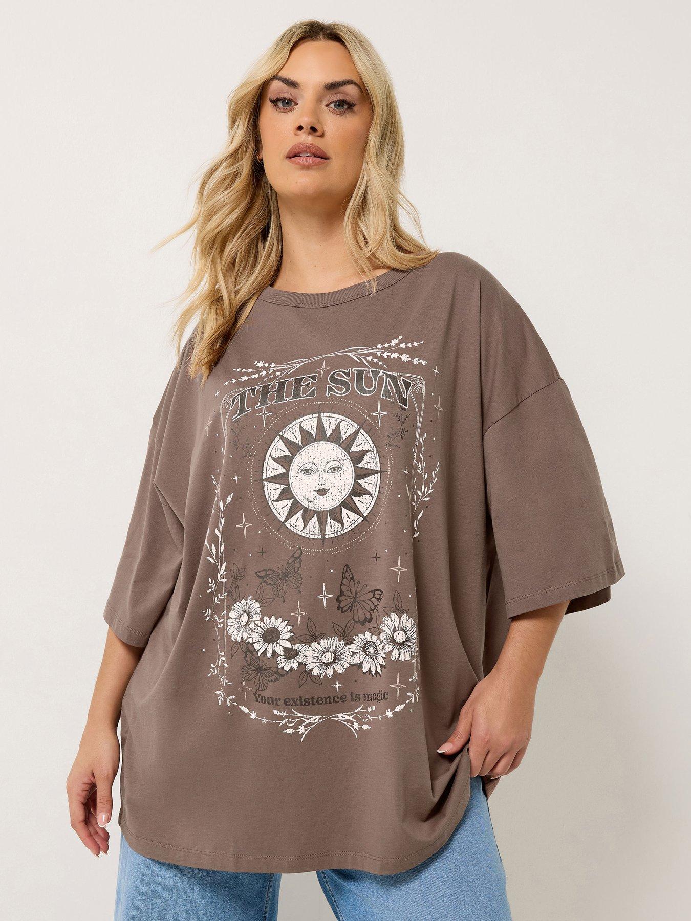 Image 1 of 5 of Yours Curve Placement Boxy T-Shirt - Brown