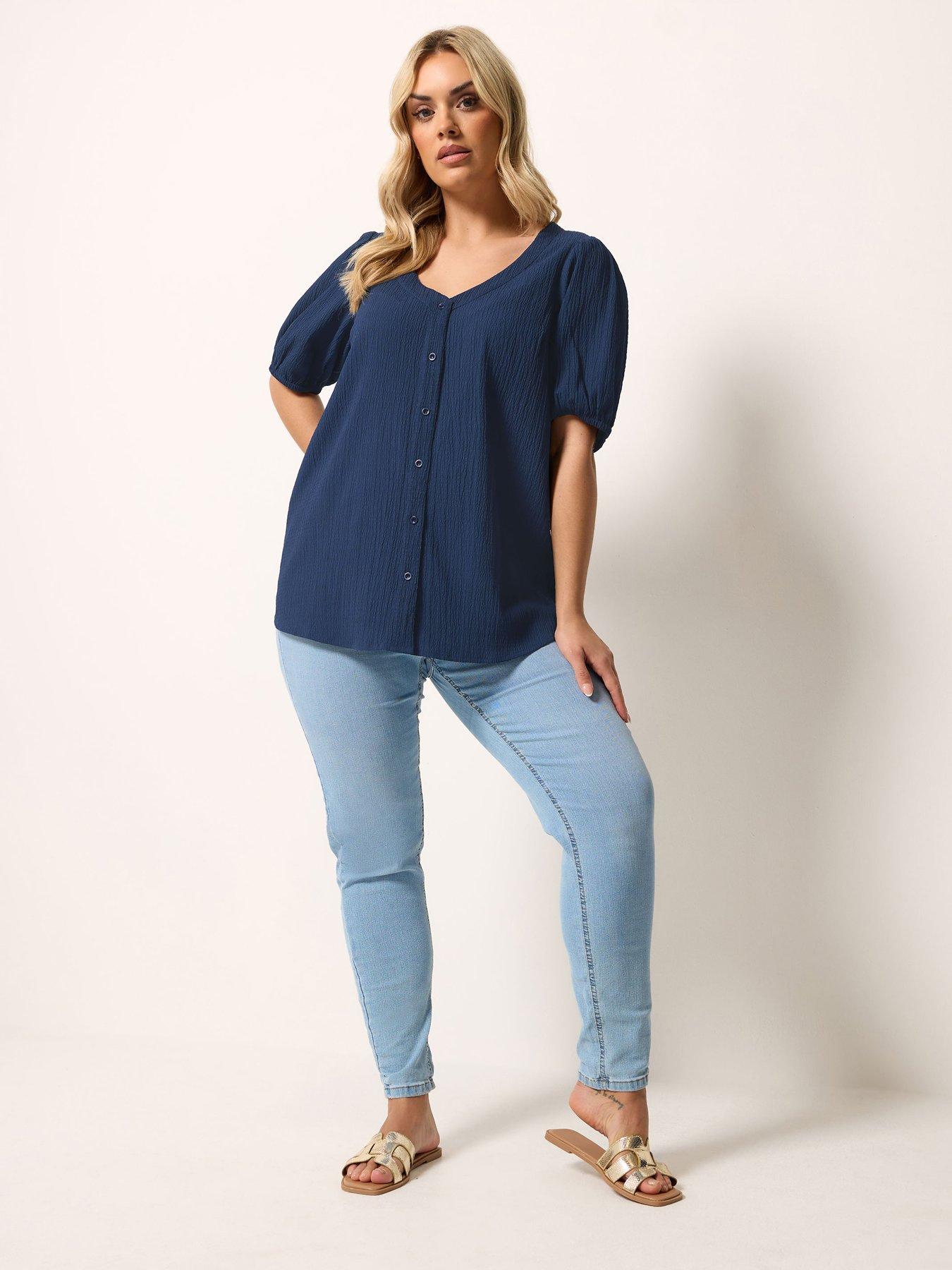 Image 3 of 5 of Yours Curve Button Textured Short Sleeve Blouse