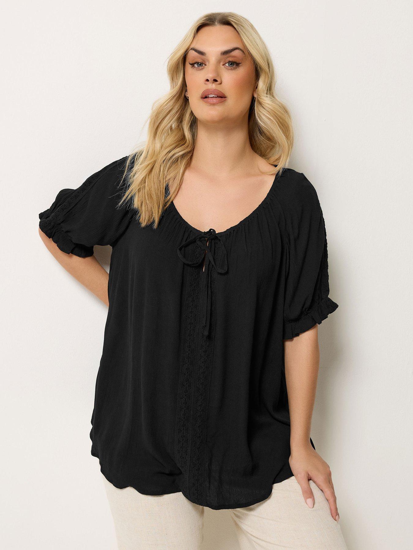 Image 1 of 5 of Yours Curve Crochet Short Sleeve Gypsy Top - Black