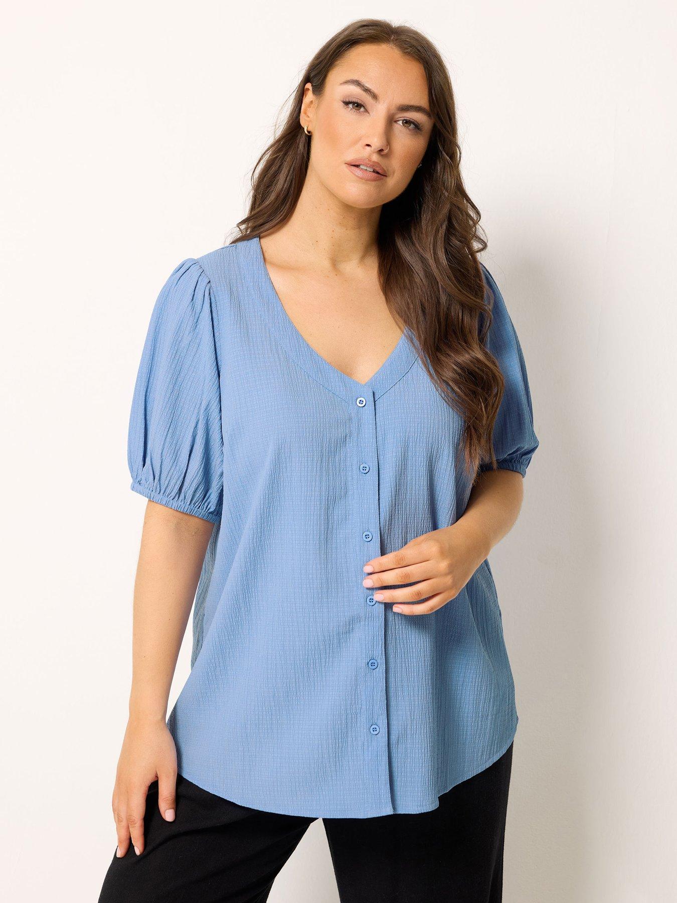 Yours Curve Button Texture Short Sleeve Blouse - Blue