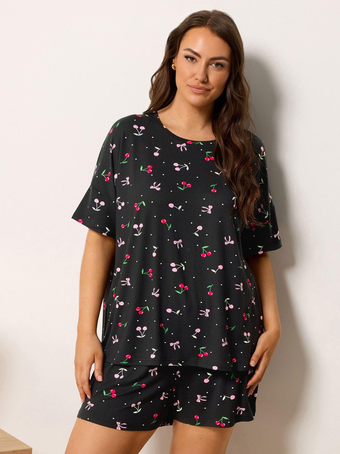 Yours Curve Soft Touch Cherry Pyjama Set - Black