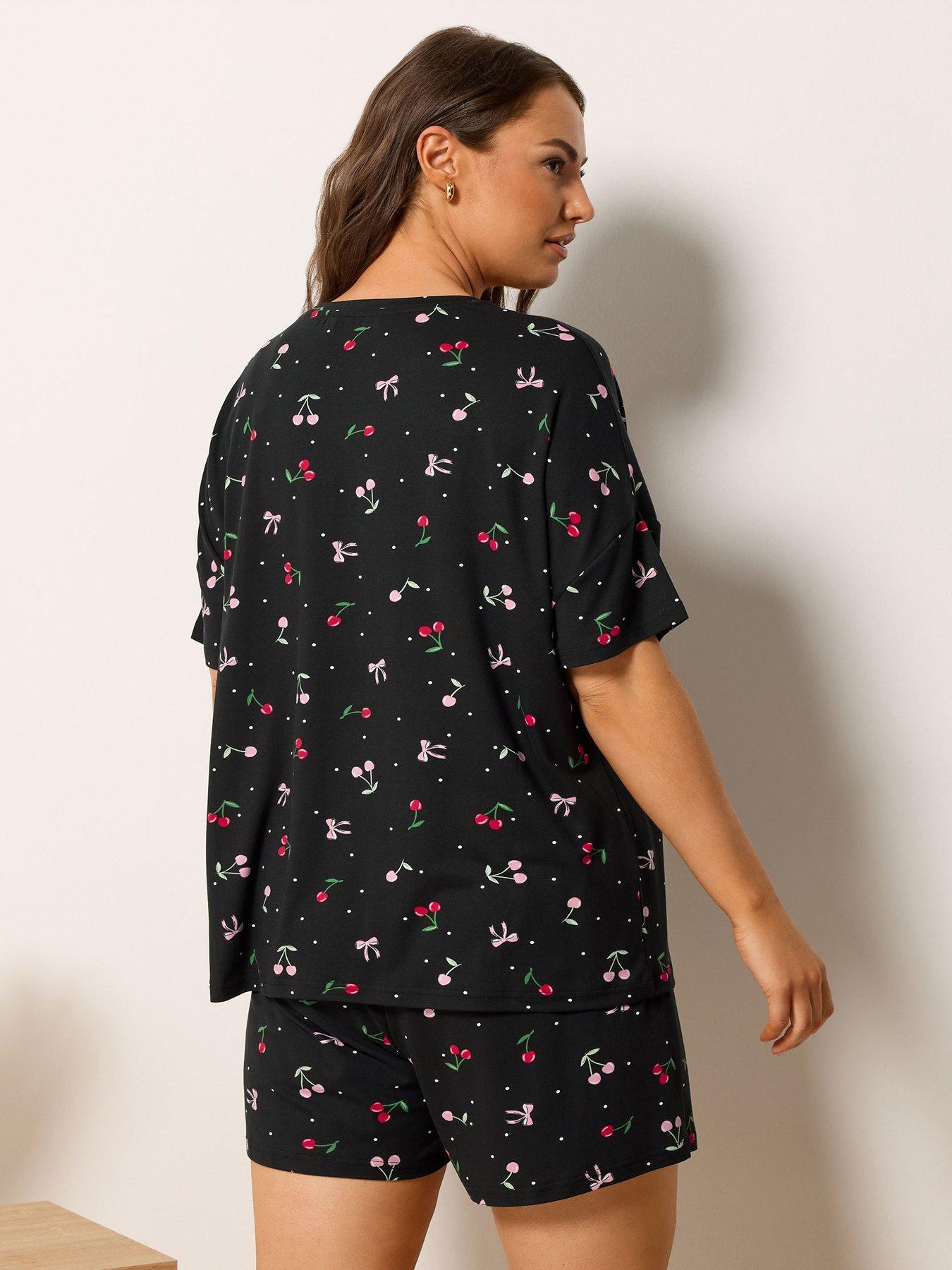 Image 2 of 4 of Yours Curve Soft Touch Cherry Pyjama Set - Black