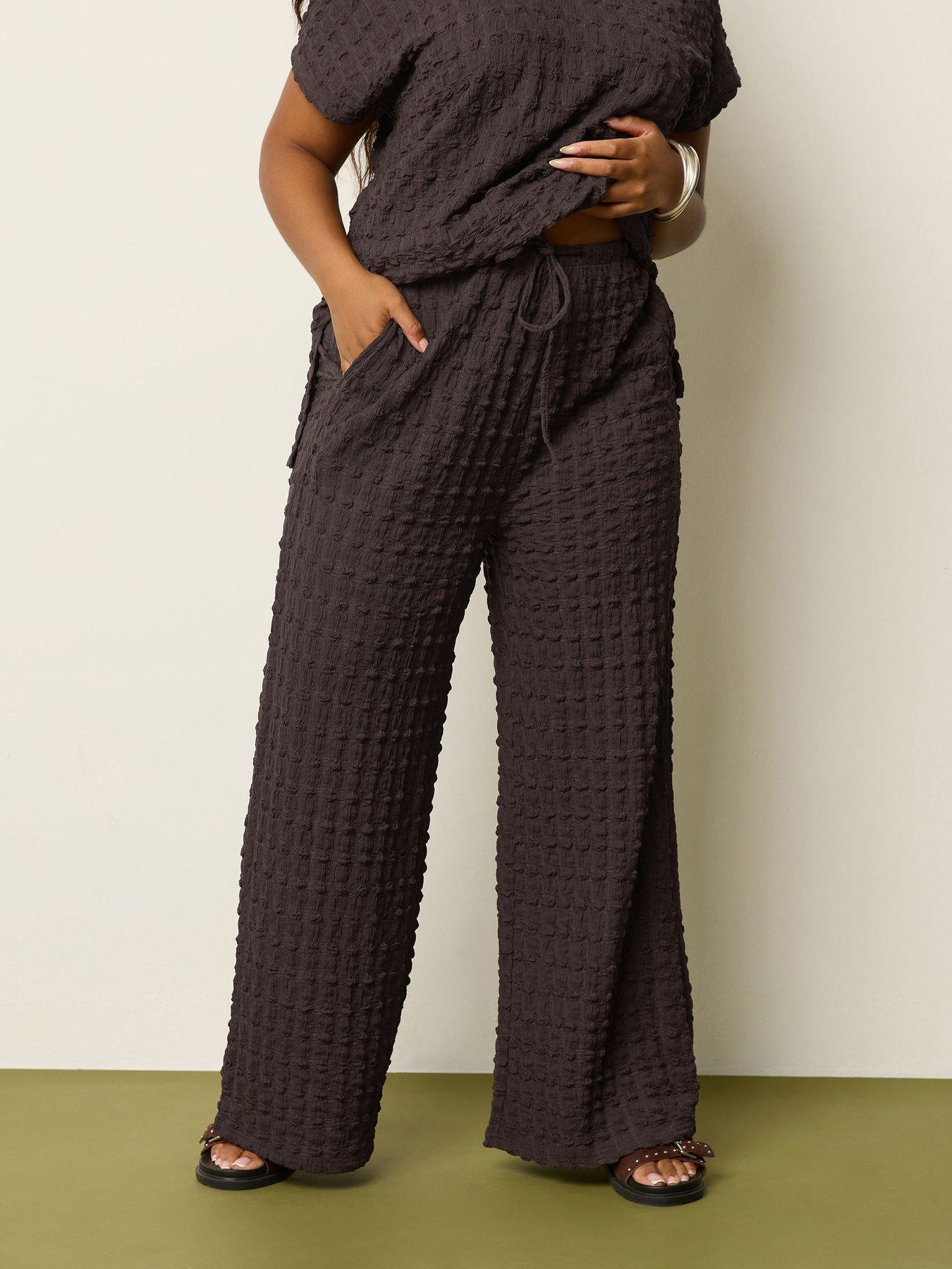 Yours Curve Bubble Textured Wide Leg Trousers 28" - Brown