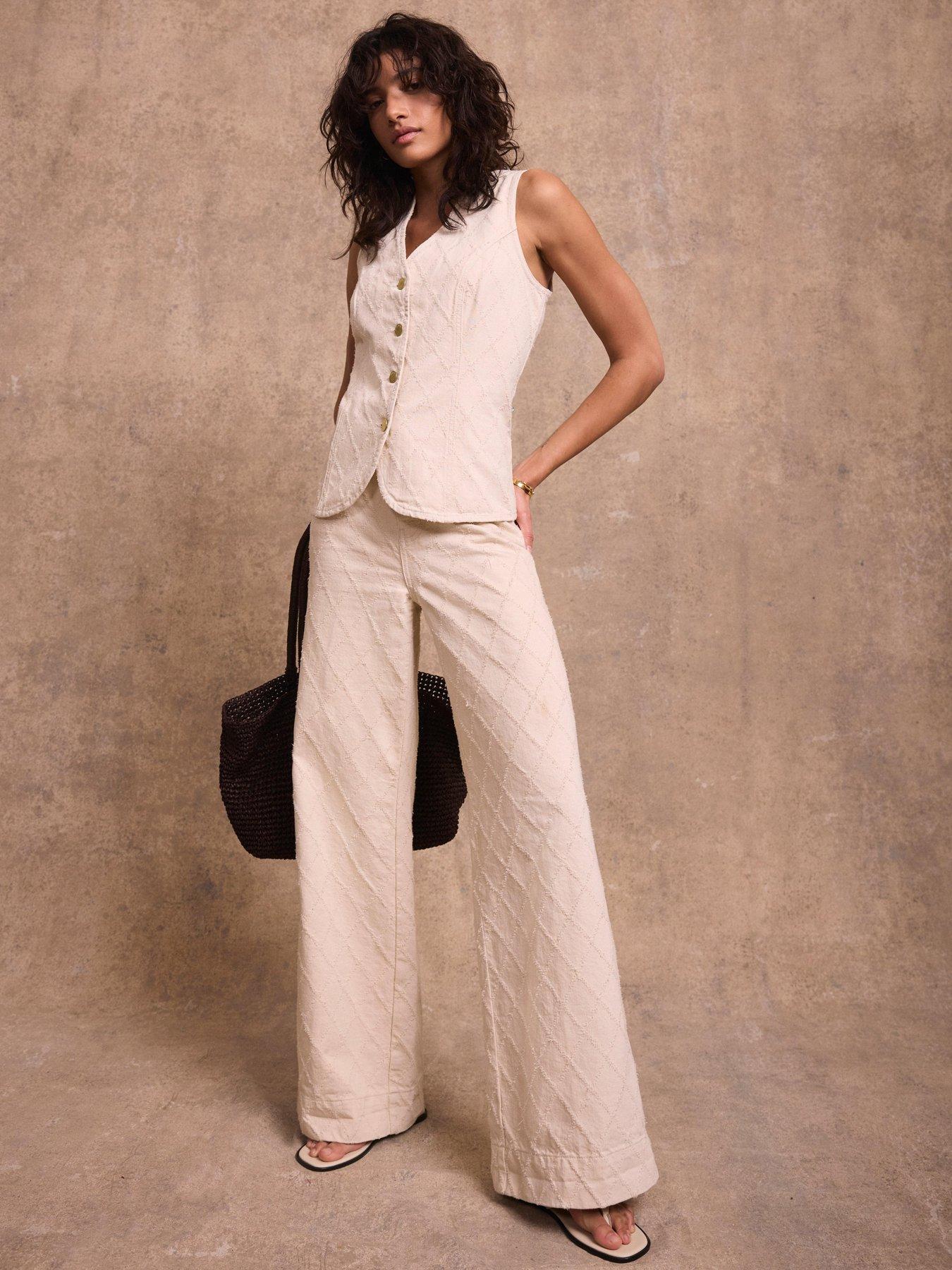 Image 1 of 6 of Mint Velvet Diamond Textured Wide Jeans- Cream
