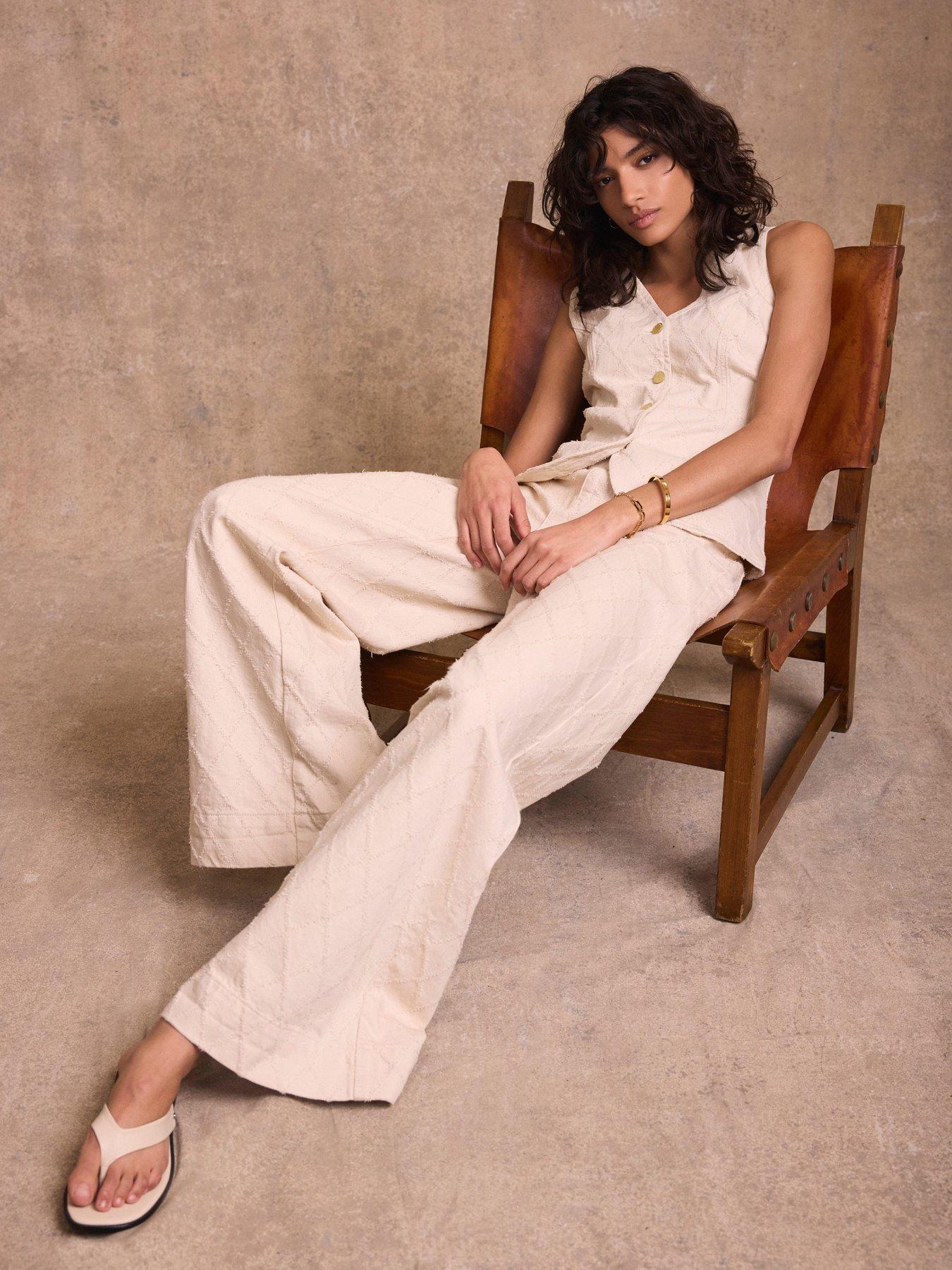 Image 3 of 6 of Mint Velvet Diamond Textured Wide Jeans- Cream