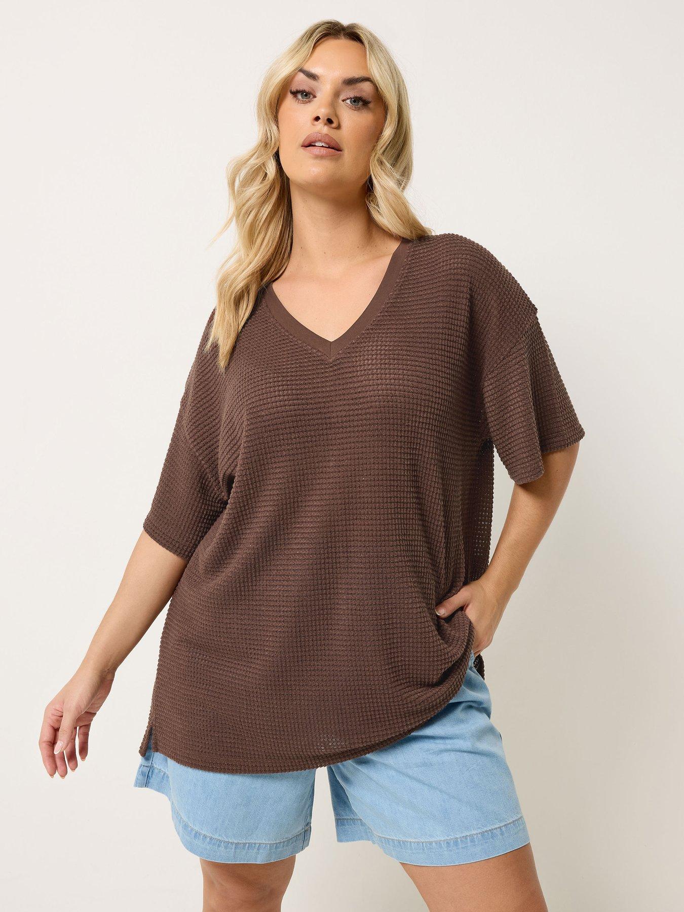 Yours Curve V-Neck Boxy Knitted T-Shirt - Brown