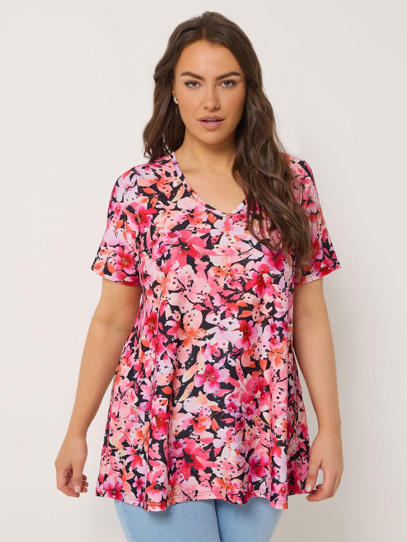 Yours Curve Printed Broderie V-neck Top