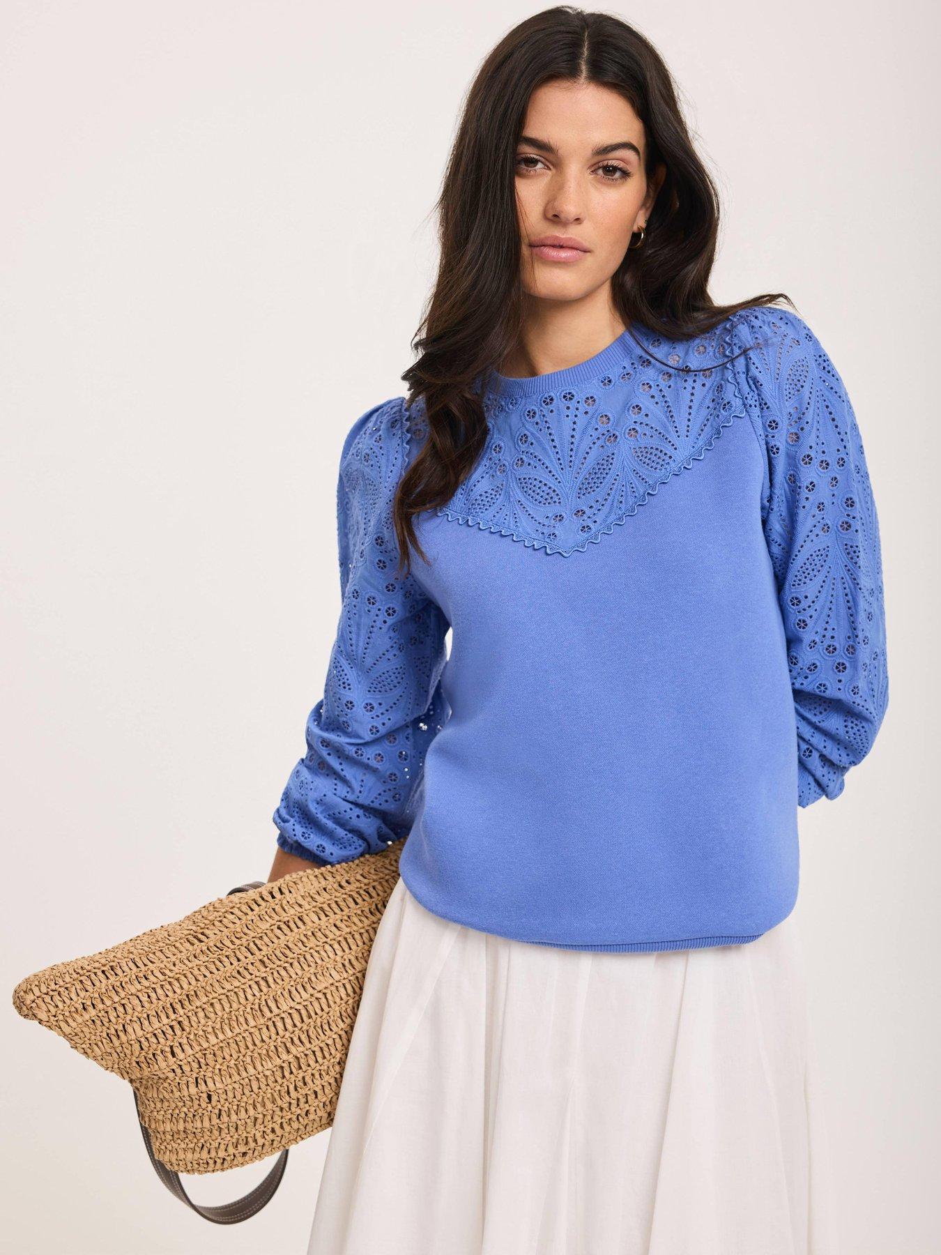 Image 1 of 6 of Mint Velvet Broderie Mix Sweatshirt - Blue