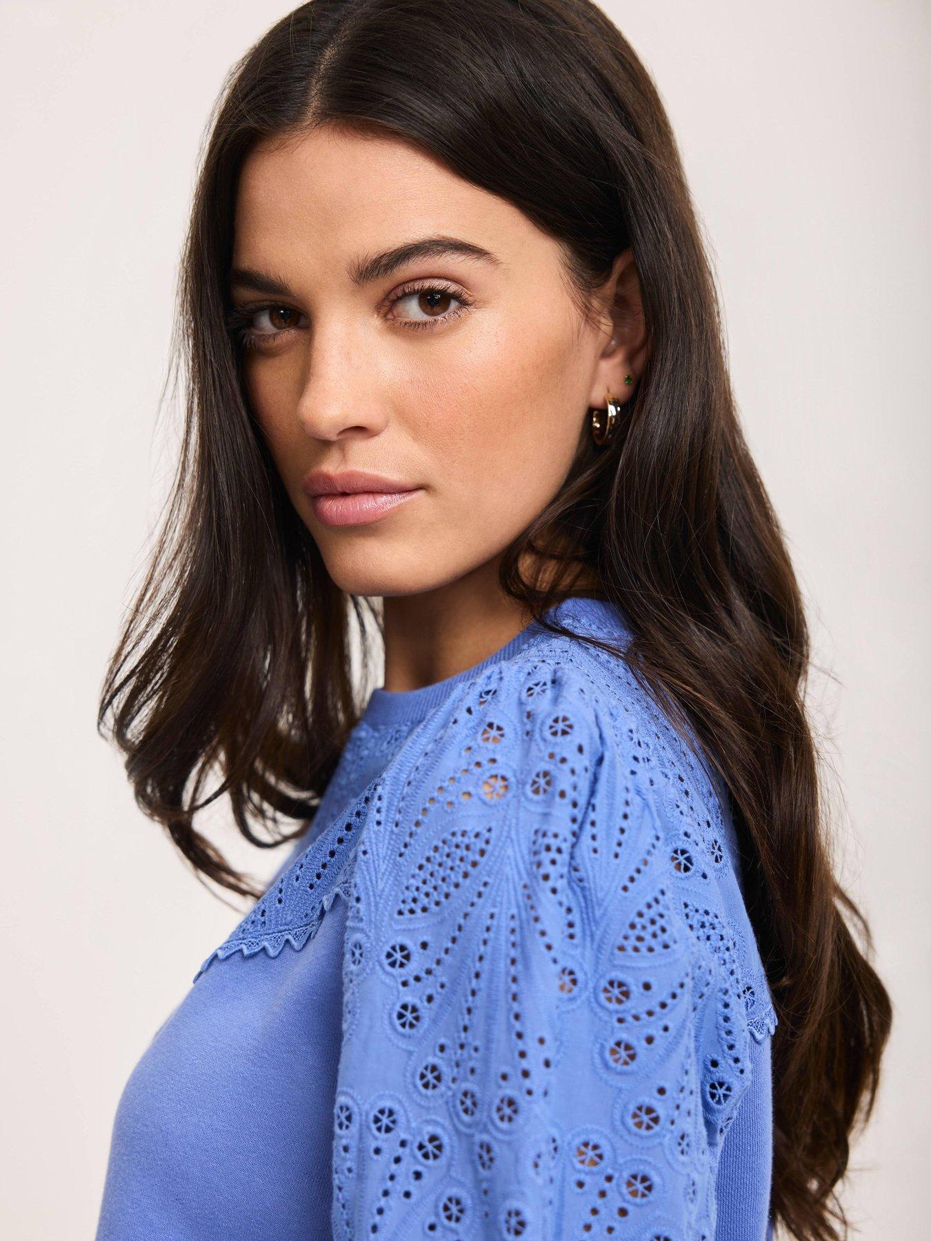 Image 3 of 6 of Mint Velvet Broderie Mix Sweatshirt - Blue