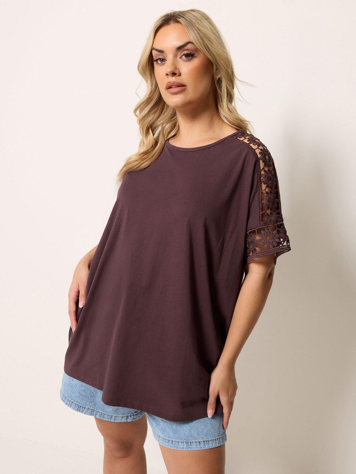 Yours Curve Boxy Crochet T-Shirt - Brown