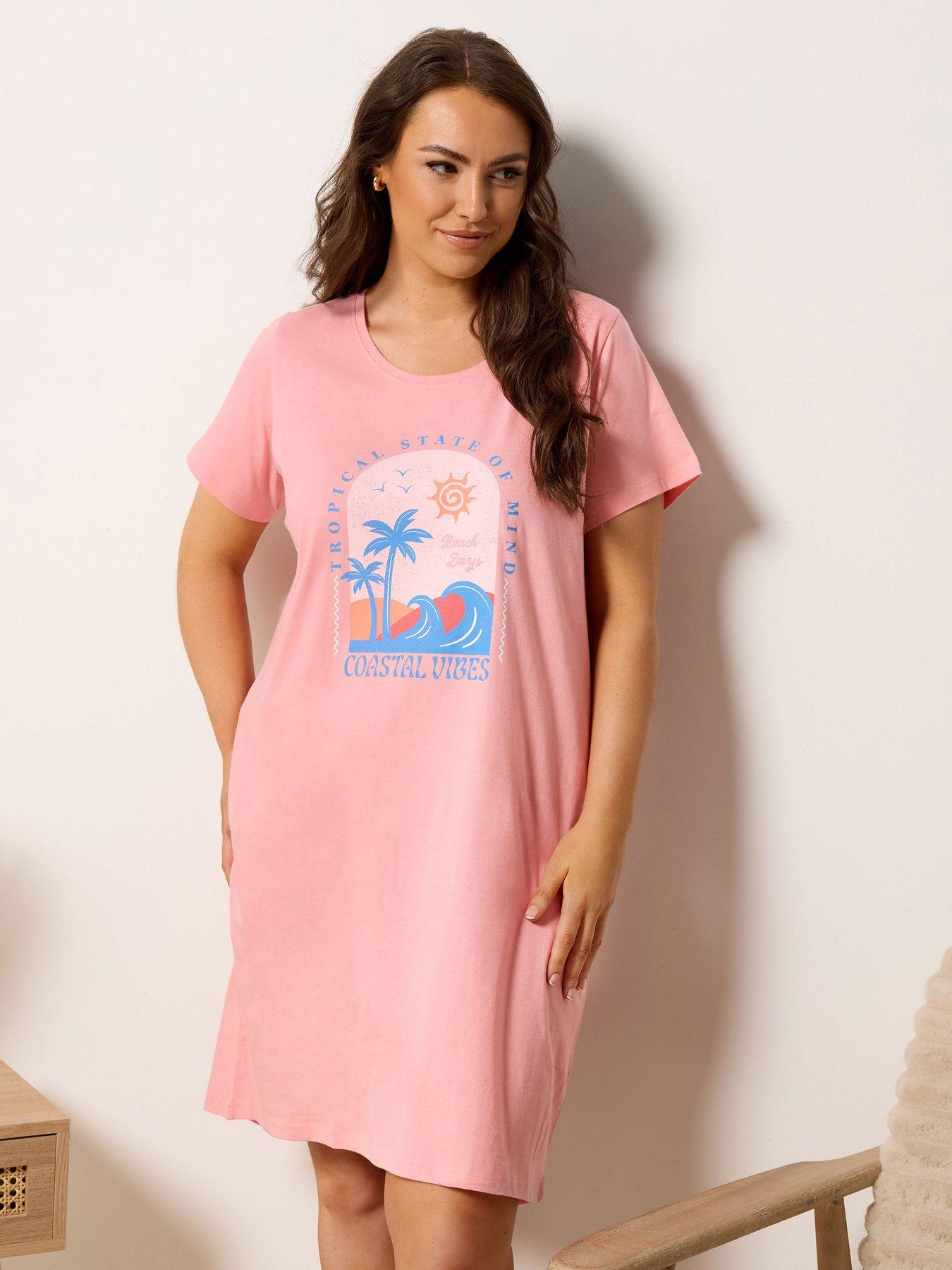Image 1 of 5 of Yours Curve Coastal Vibes Dipped Back Nightdress - Pink