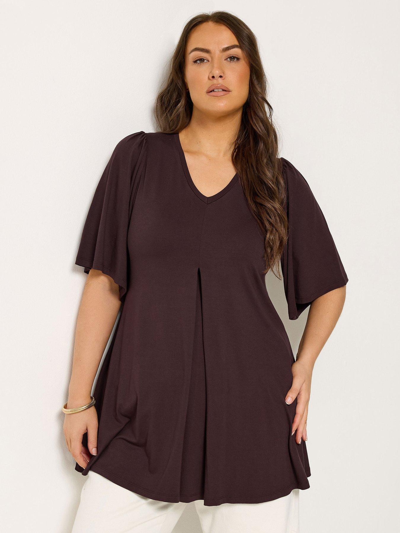 yours-curve-pleat-front-angel-sleeve-top-brownfront