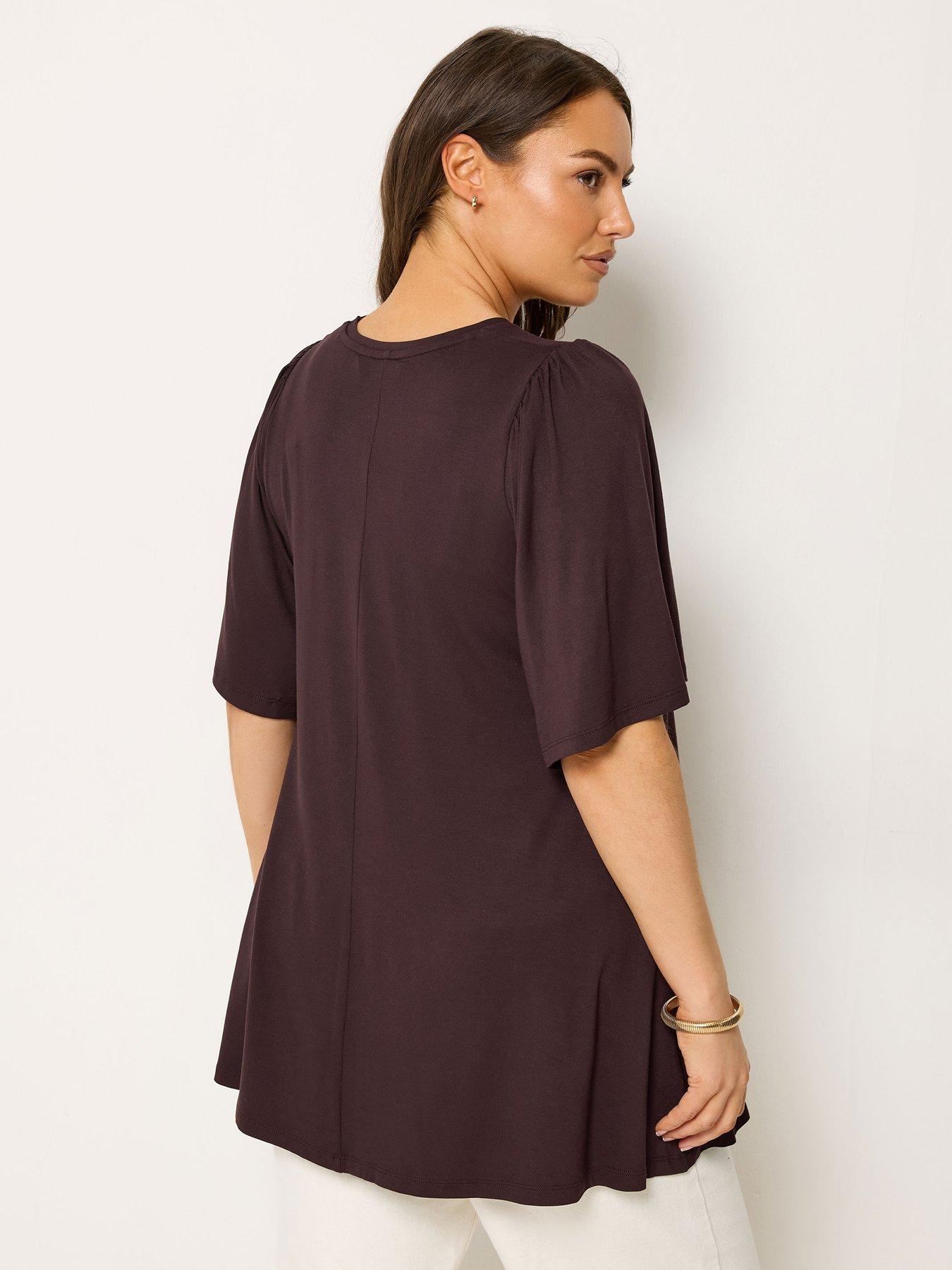 yours-curve-pleat-front-angel-sleeve-top-brownstillFront