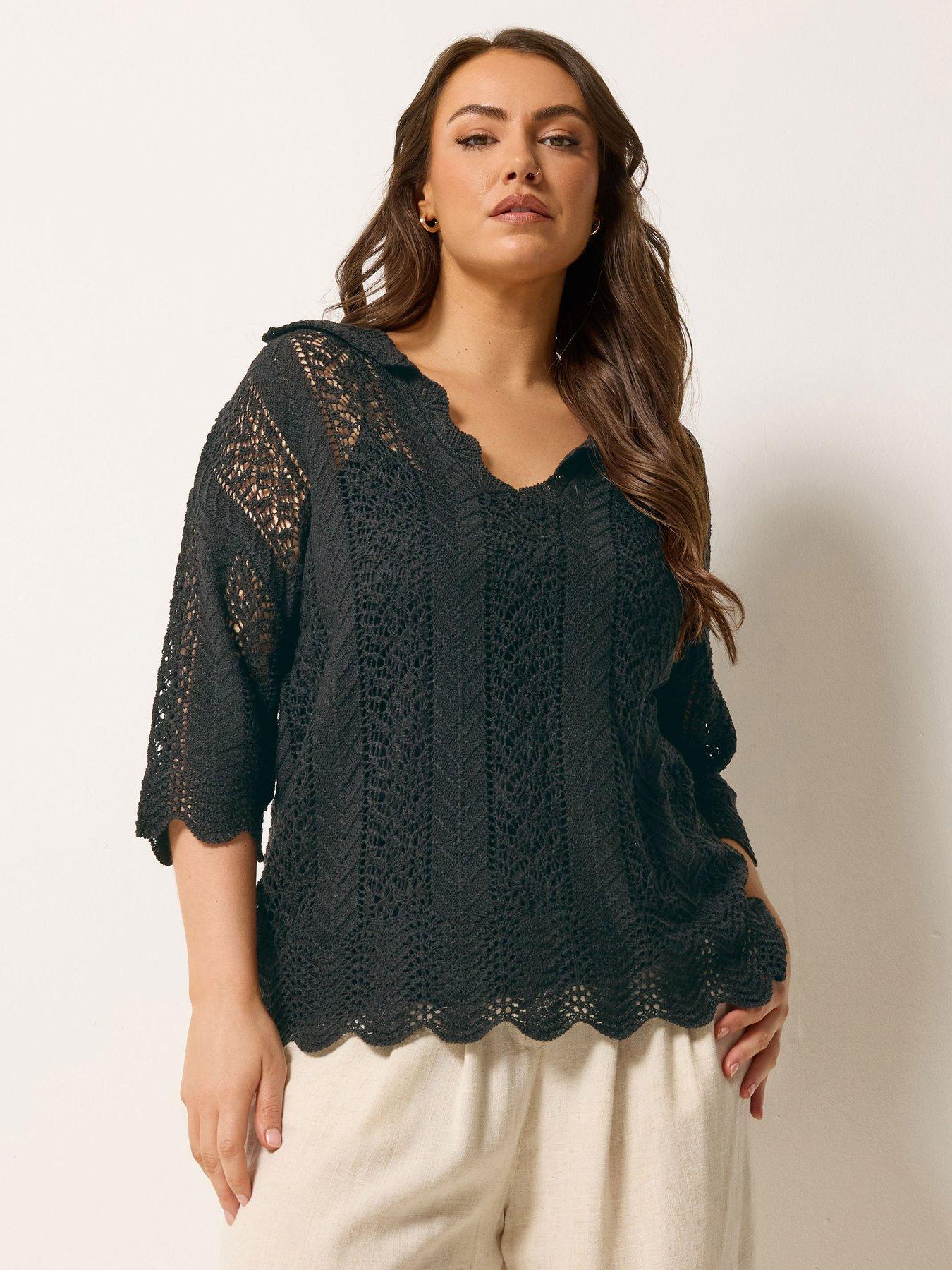 Yours Curve Knitted Collar Pointelle T-shirt