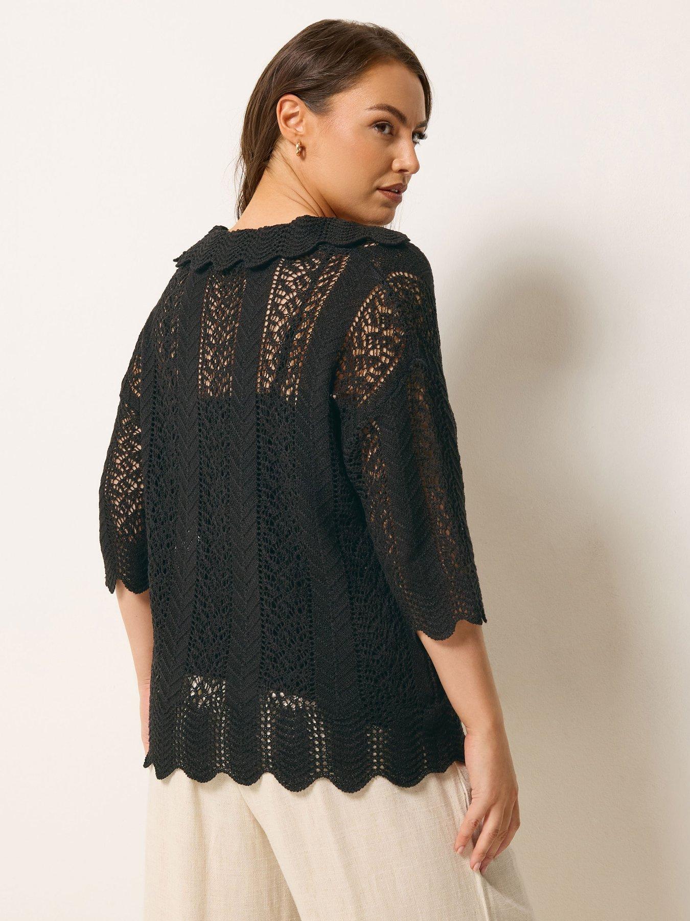 Image 2 of 5 of Yours Curve Knitted Collar Pointelle T-Shirt - Black