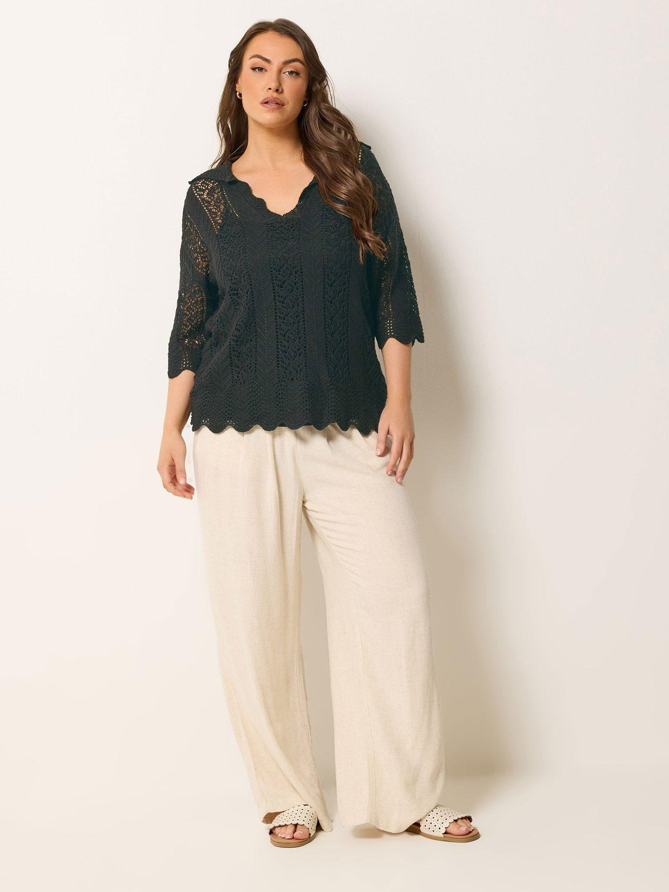 Image 3 of 5 of Yours Curve Knitted Collar Pointelle T-Shirt - Black