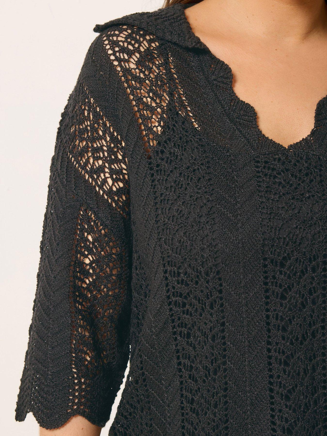 Image 4 of 5 of Yours Curve Knitted Collar Pointelle T-Shirt - Black
