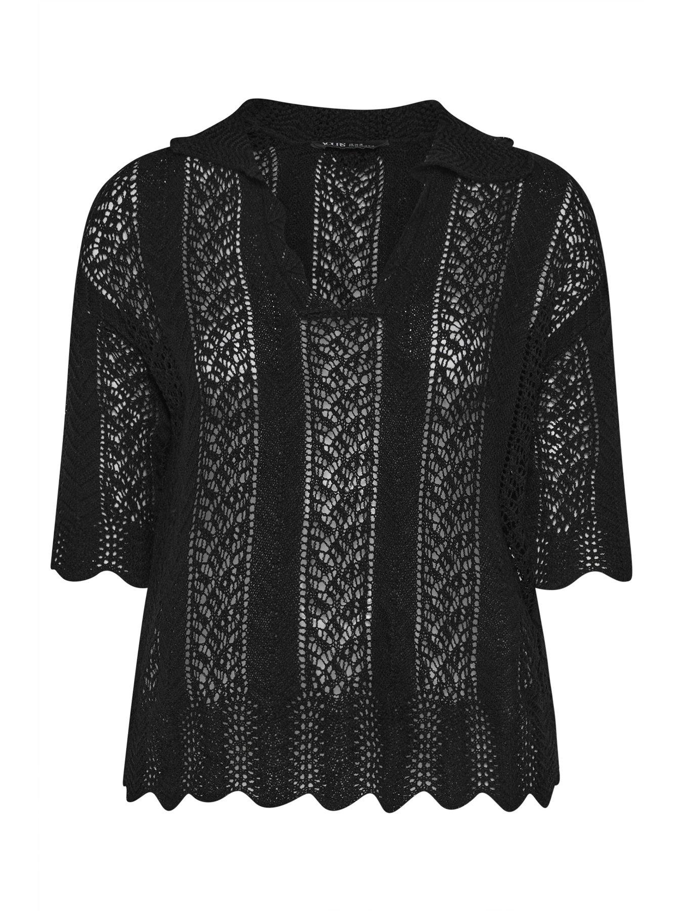Image 5 of 5 of Yours Curve Knitted Collar Pointelle T-Shirt - Black