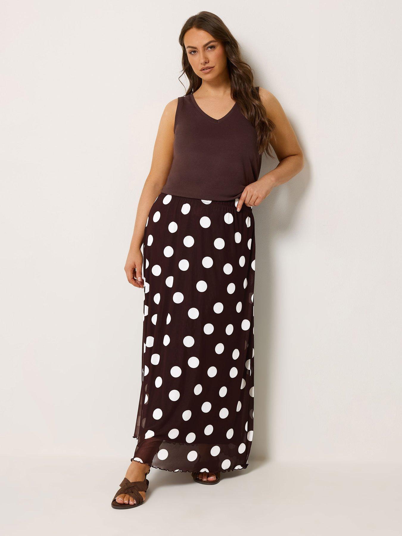 Image 3 of 5 of Yours Curve Mesh Polka Dot Print A-Line Skirt - Brown
