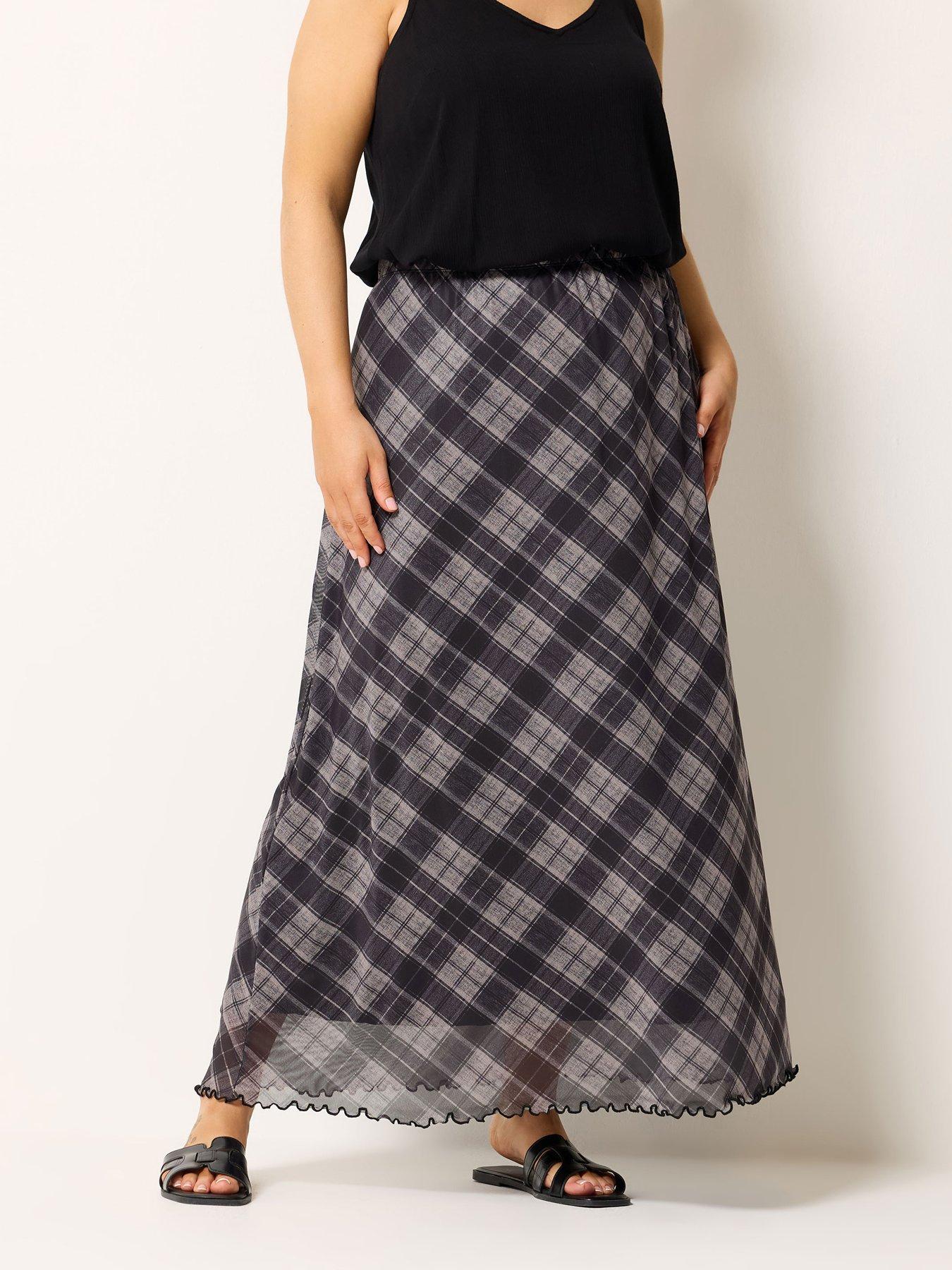 Yours Curve Mesh Check Print A-Line Skirt - Purple