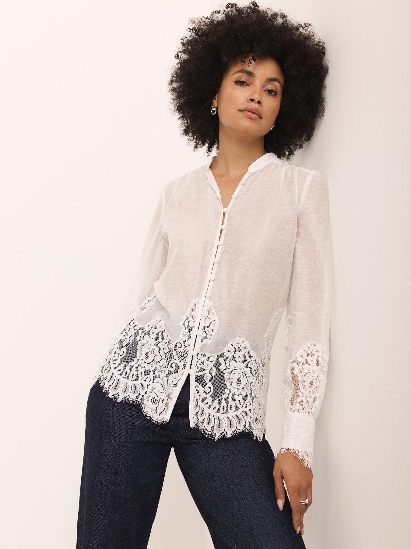 Image 2 of 6 of Mint Velvet Lace Hem Blouse - Cream