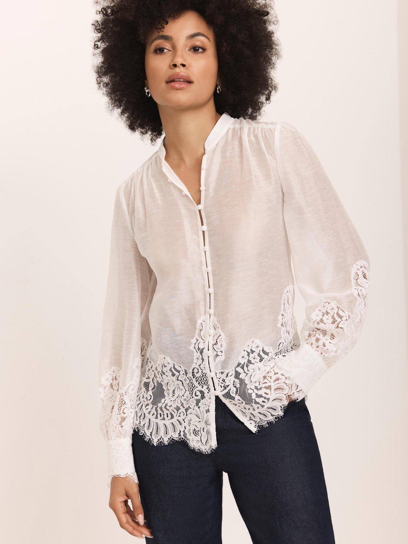 Image 4 of 6 of Mint Velvet Lace Hem Blouse - Cream