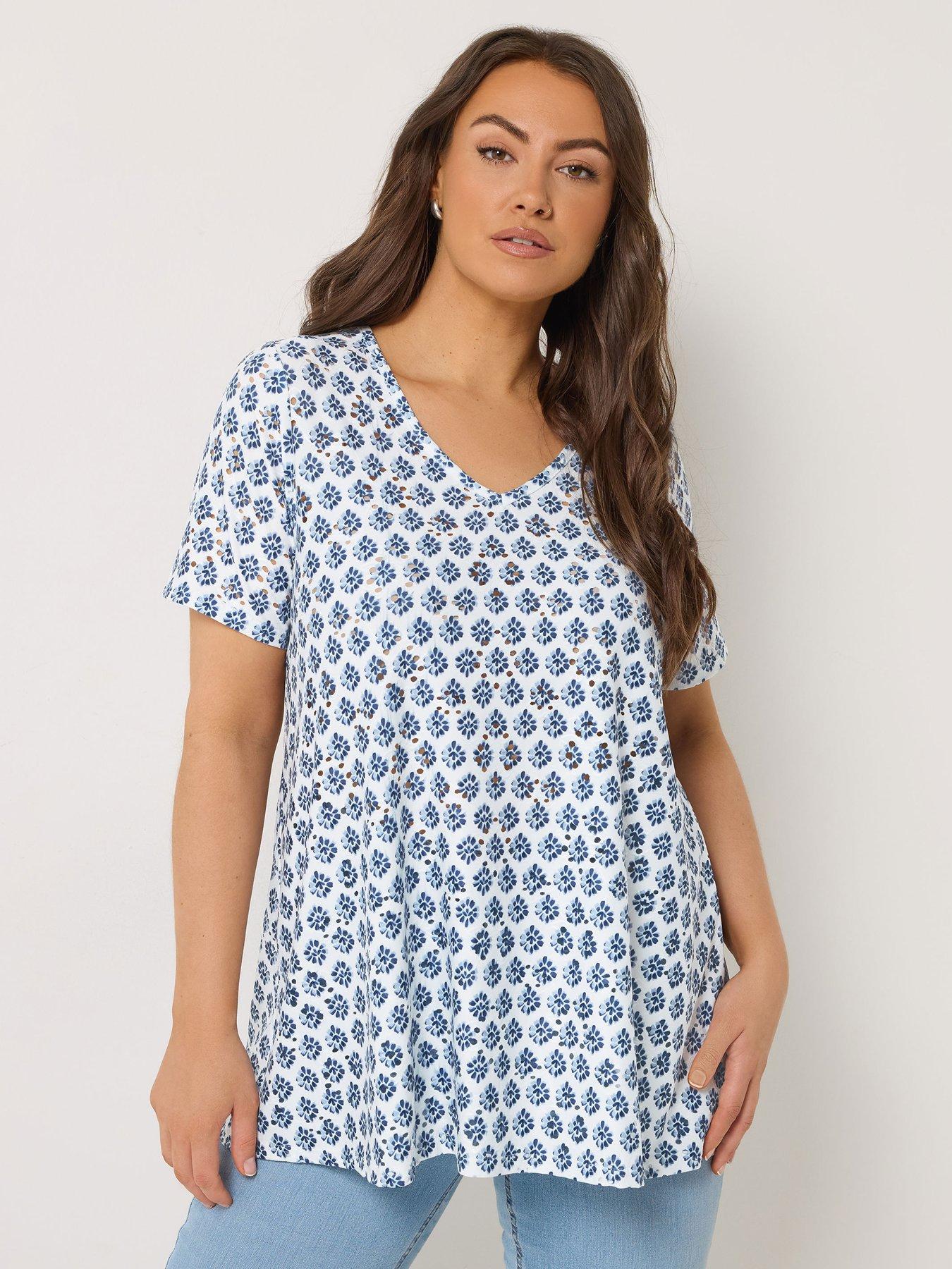 Image 1 of 5 of Yours Curve Printed Broderie V-Neck Top - Blue