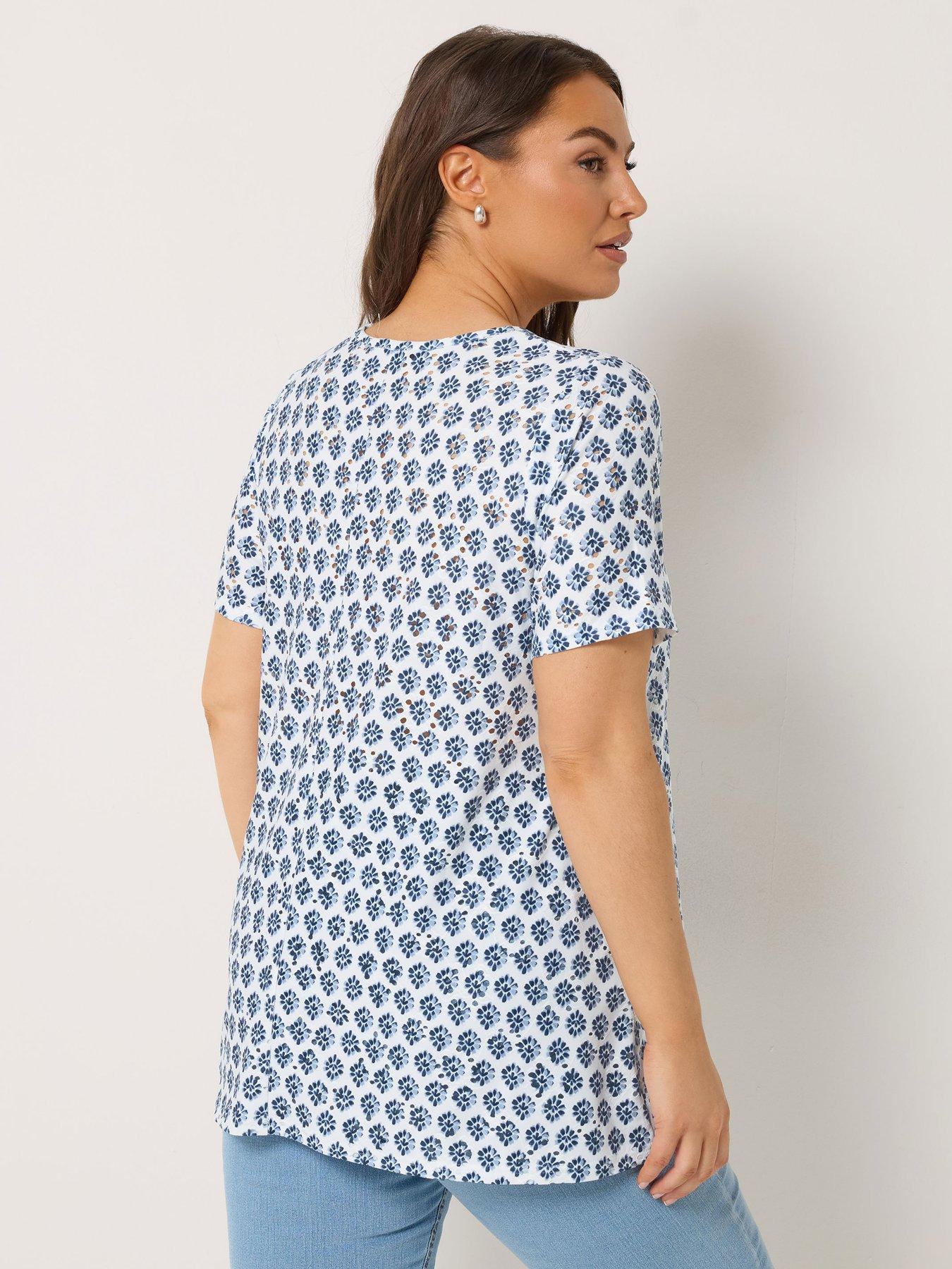 Image 2 of 5 of Yours Curve Printed Broderie V-Neck Top - Blue