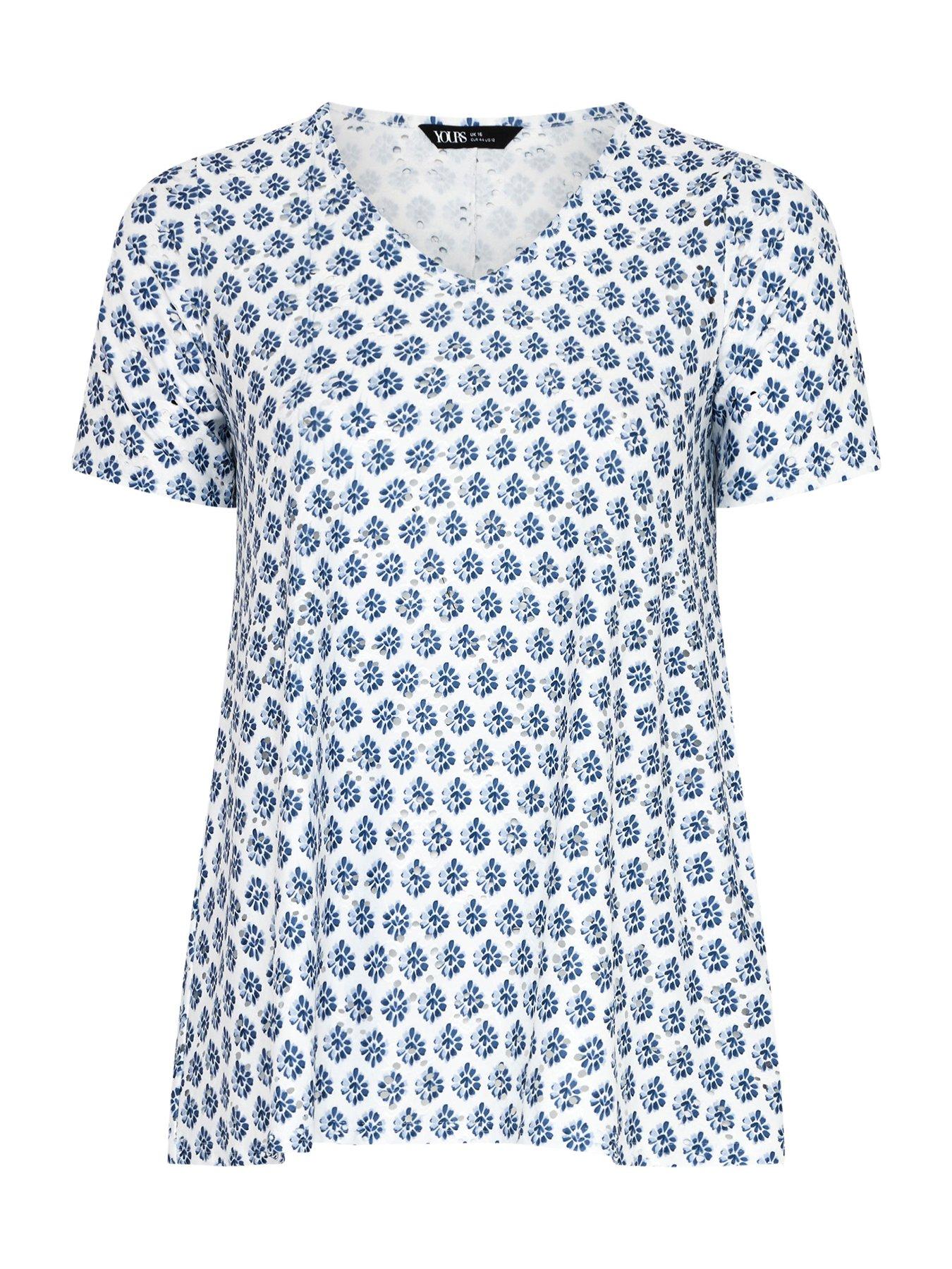 Image 5 of 5 of Yours Curve Printed Broderie V-Neck Top - Blue