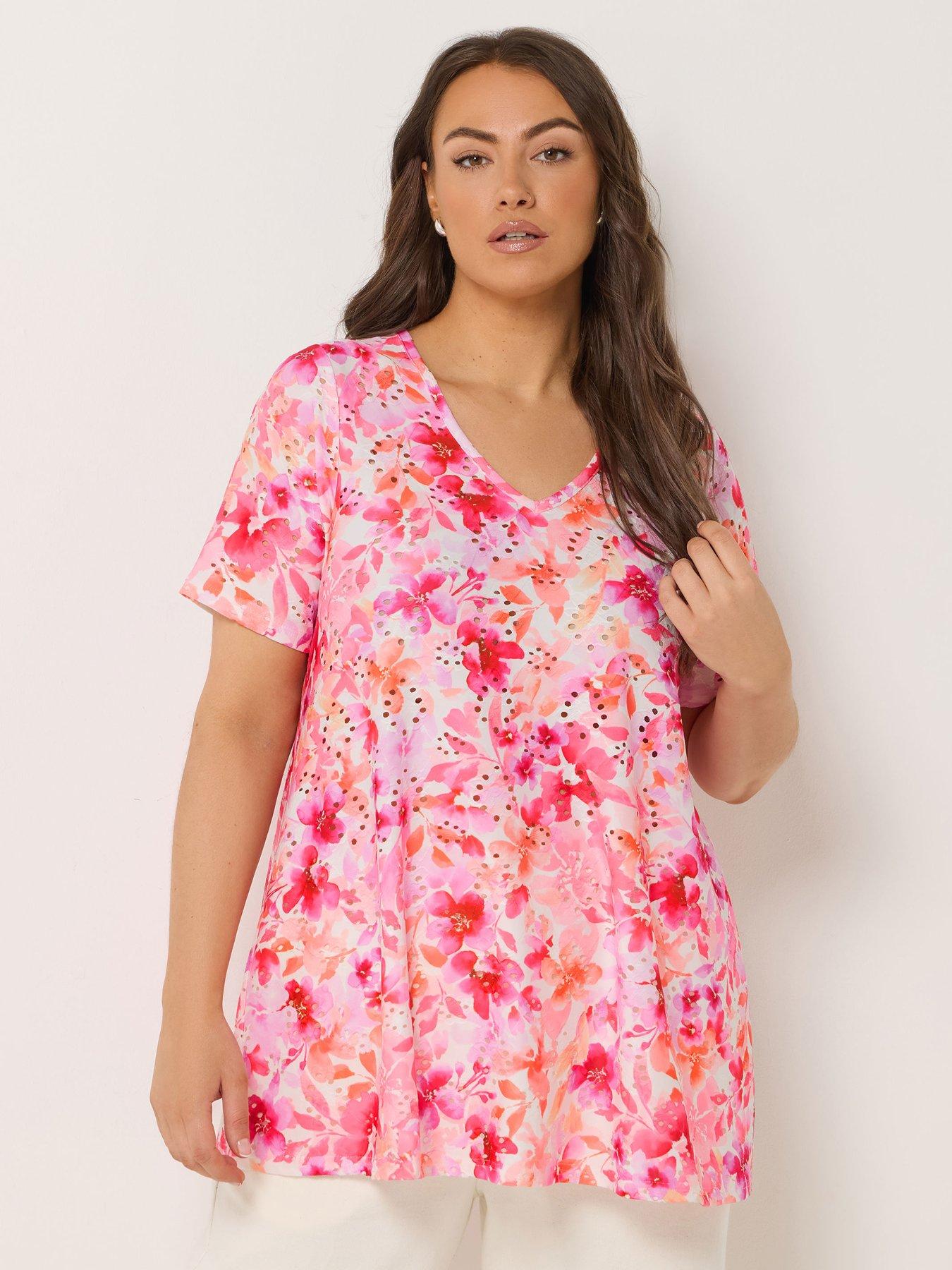 Image 1 of 4 of Yours Curve Printed Broderie V-neck Top