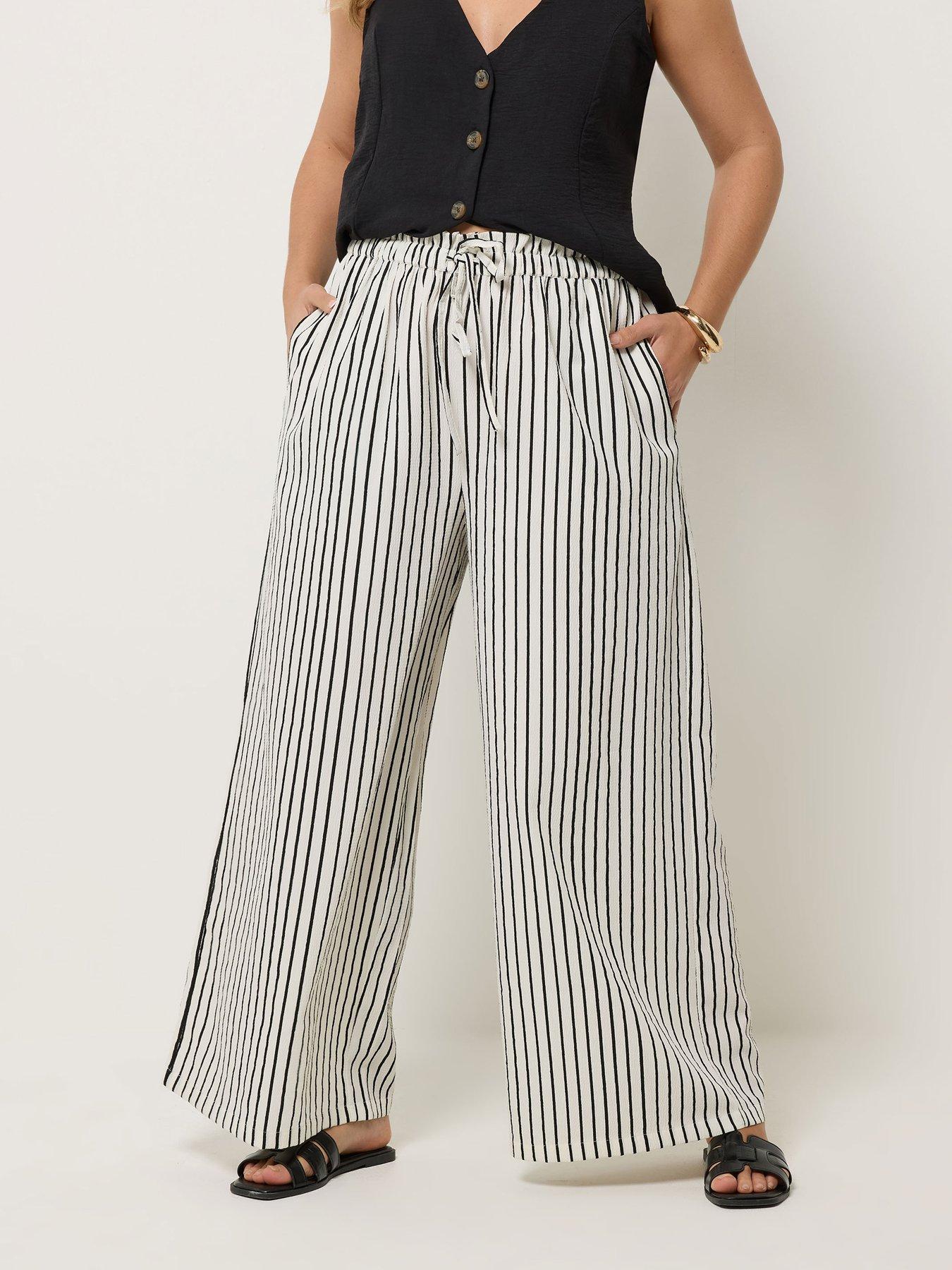 Yours Curve Stripe Paper Bag Waist Wide Leg Trousers - White