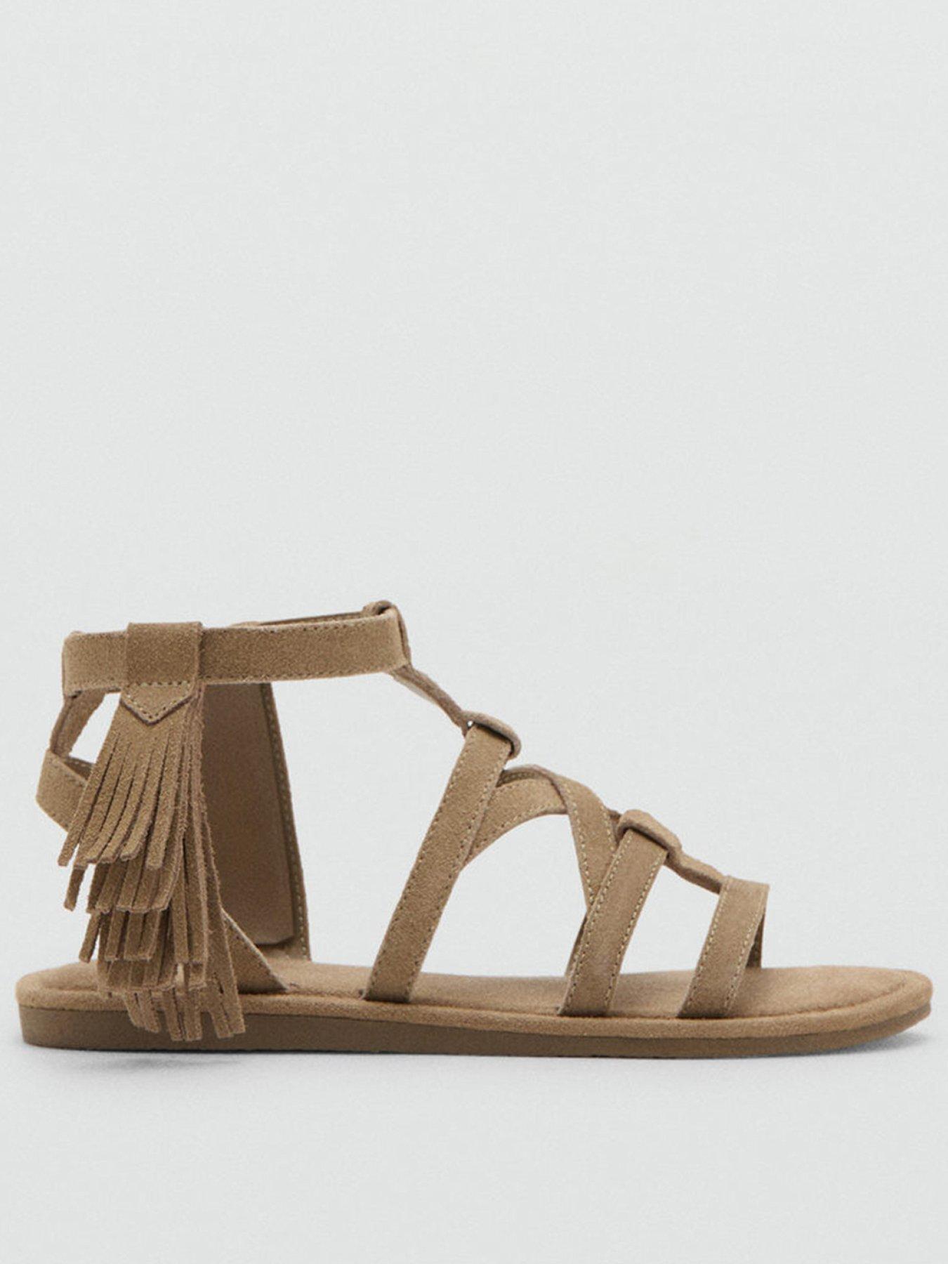 Image 1 of 6 of Mango Girls Leather Fringed Sandals - Brown