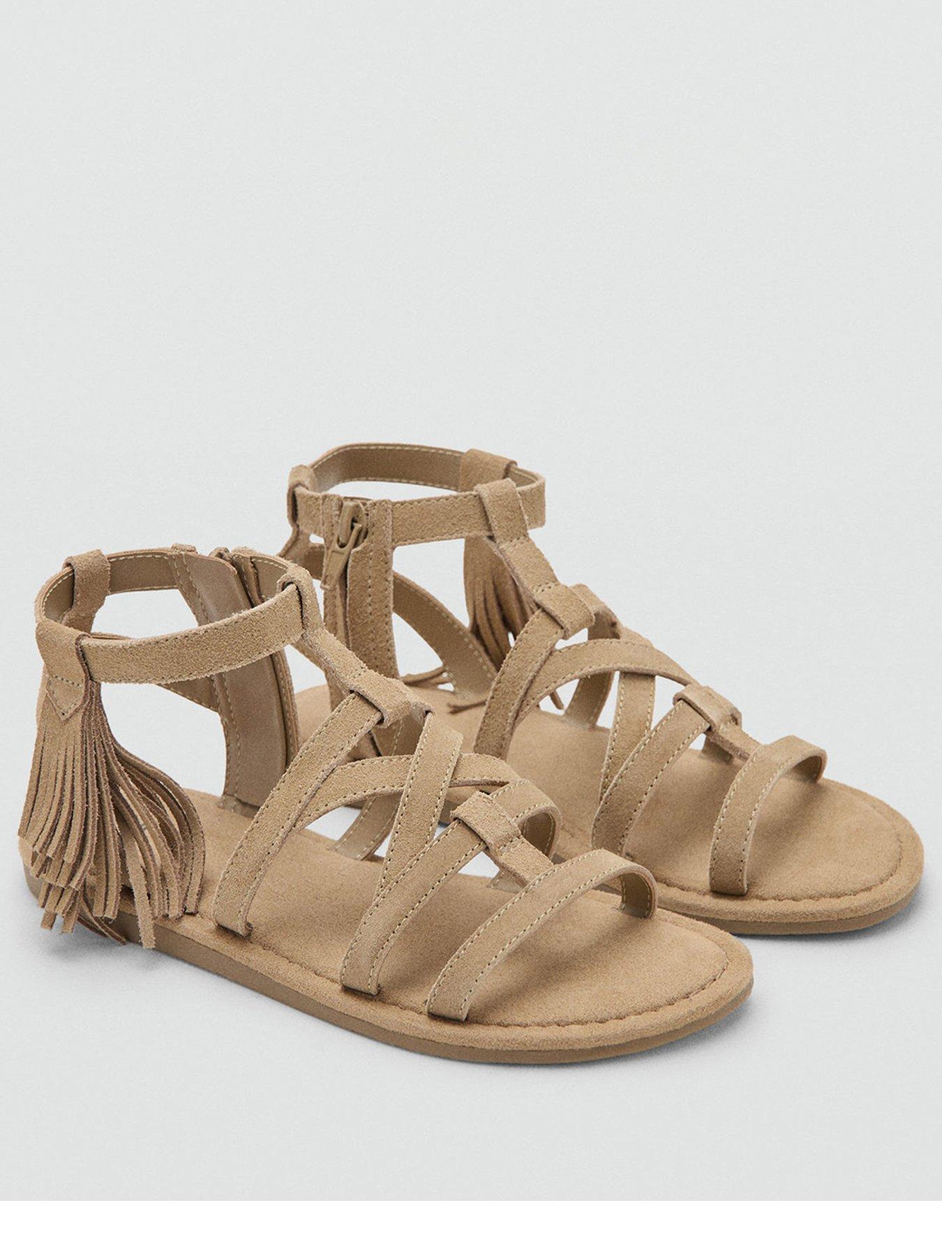 Image 2 of 6 of Mango Girls Leather Fringed Sandals - Brown