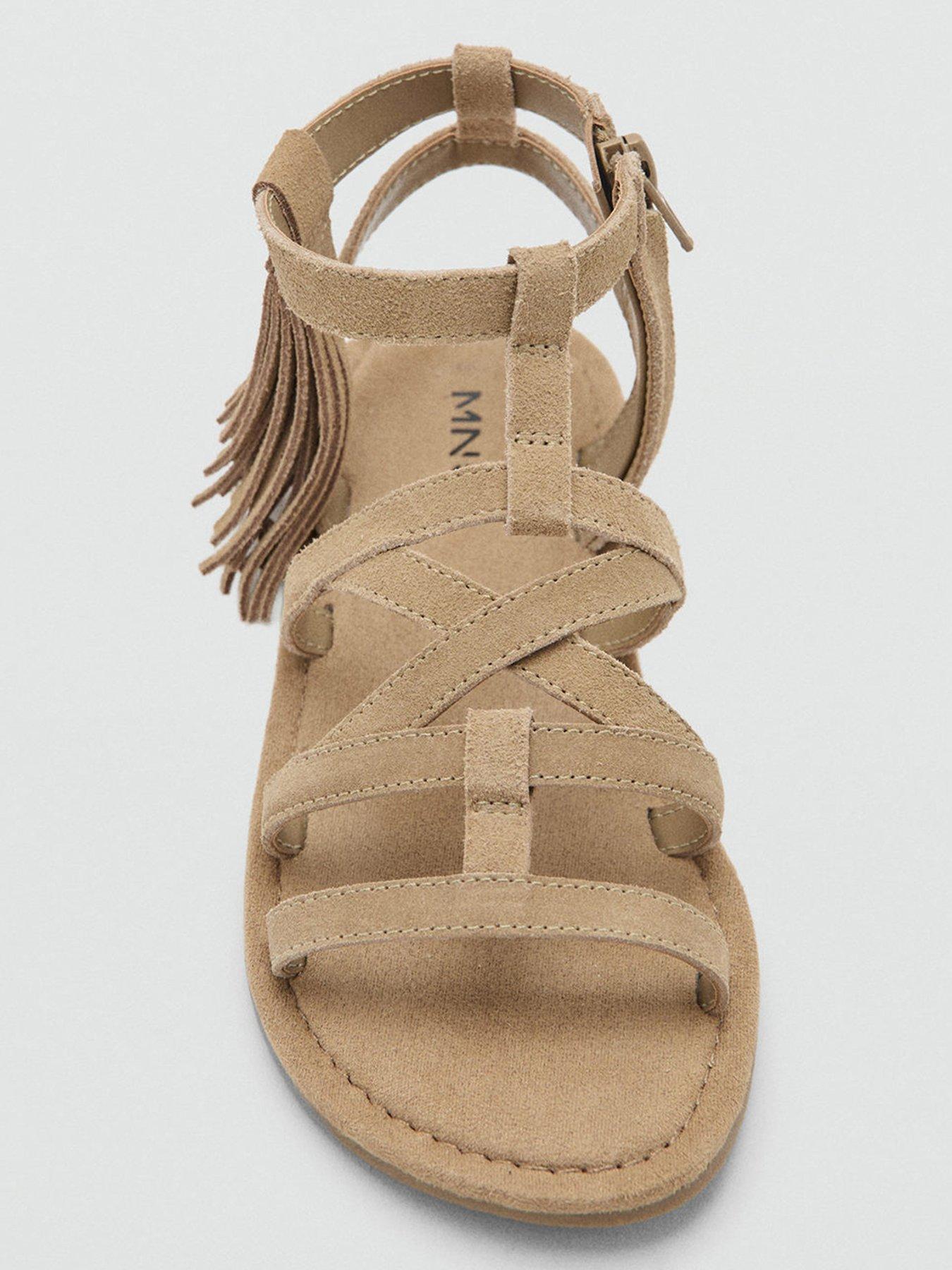 Image 3 of 6 of Mango Girls Leather Fringed Sandals - Brown