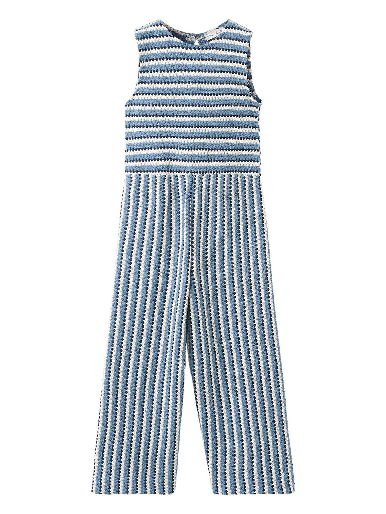 Image 1 of 4 of Mango Younger Girls Stripe Crochet Jumpsuit - Navy