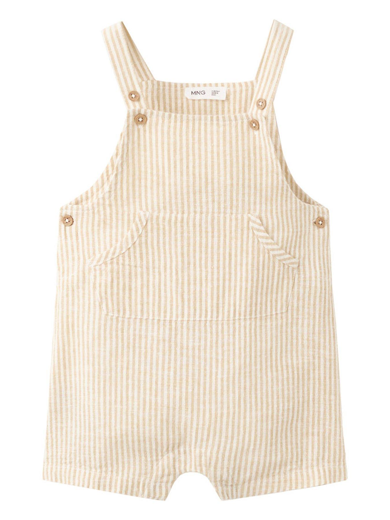 Mango Unisex Baby Stripe Linen Mix Shorty Dungarees - Yellow