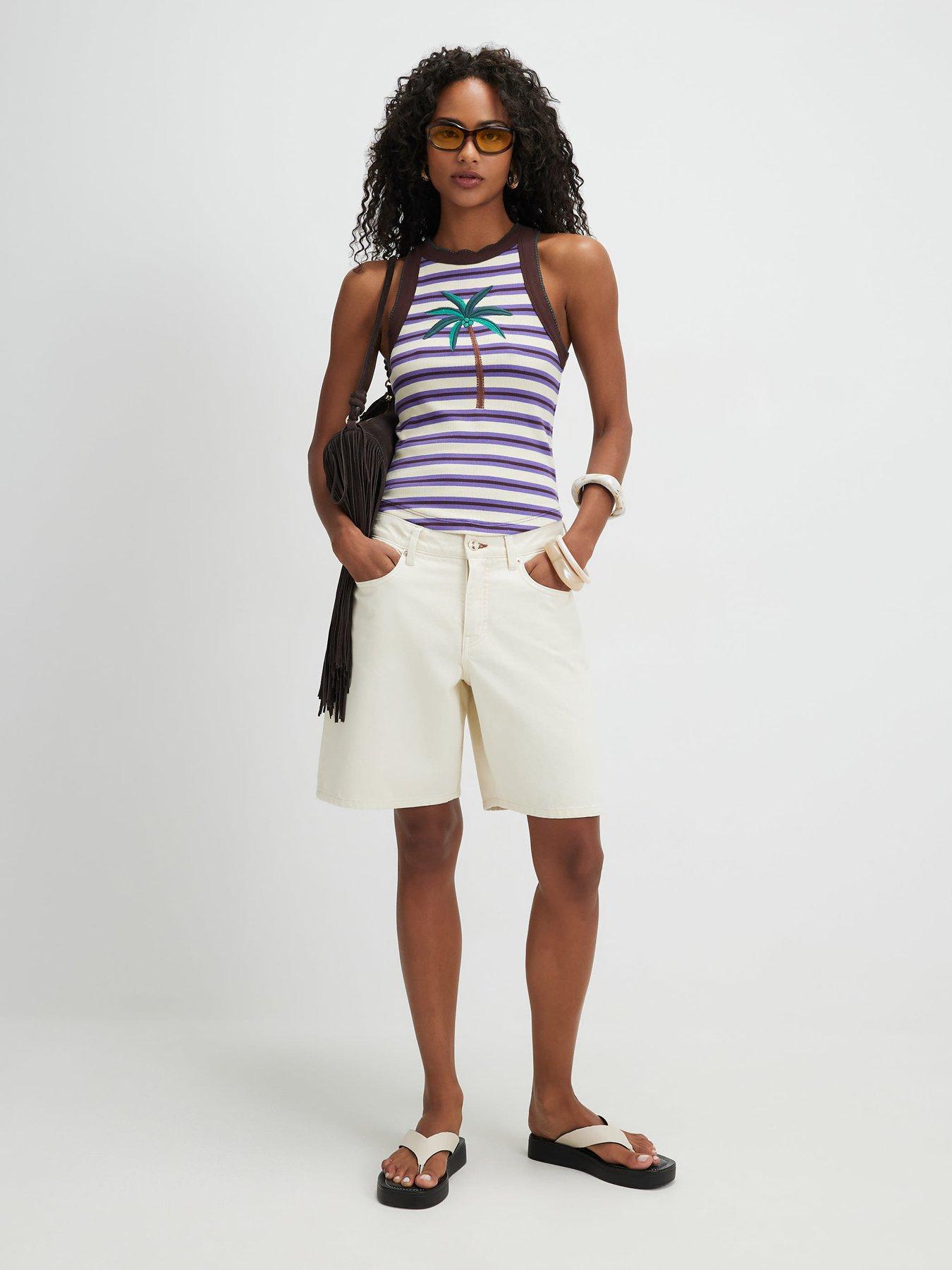 River Island Stripe Palm Embroidered Tank Top - Brown