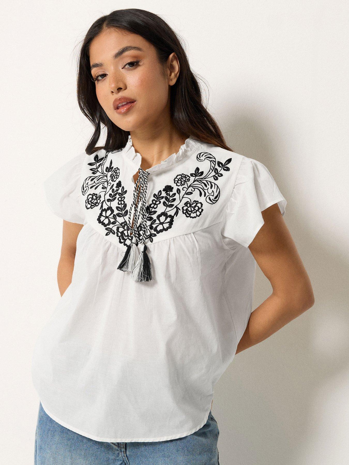 PixieGirl Petite Frill Sleeve Tie Neck Embroidered Blouse
