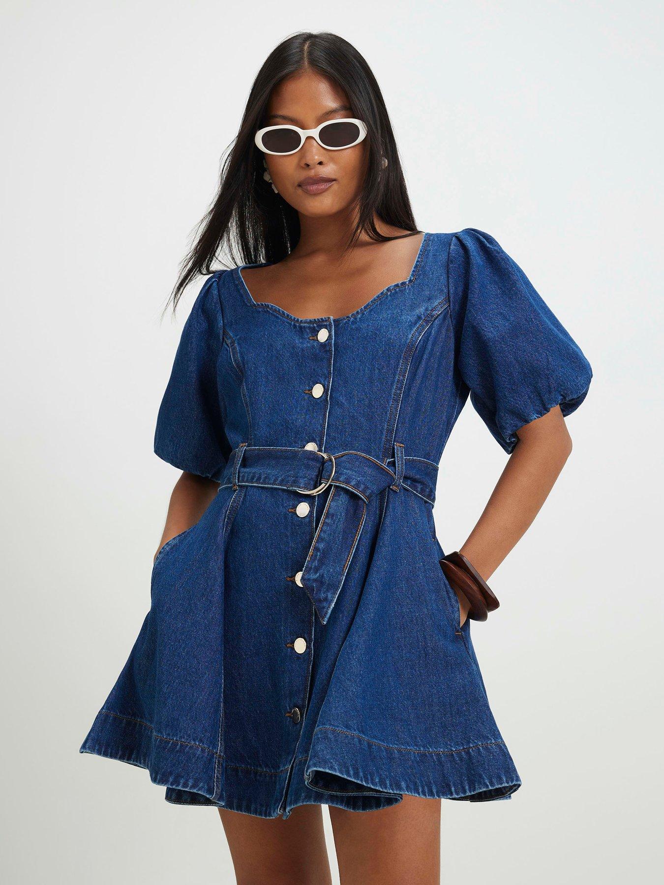 River Island Petite Balloon Sleeve Belted Denim Mini Dress - Blue