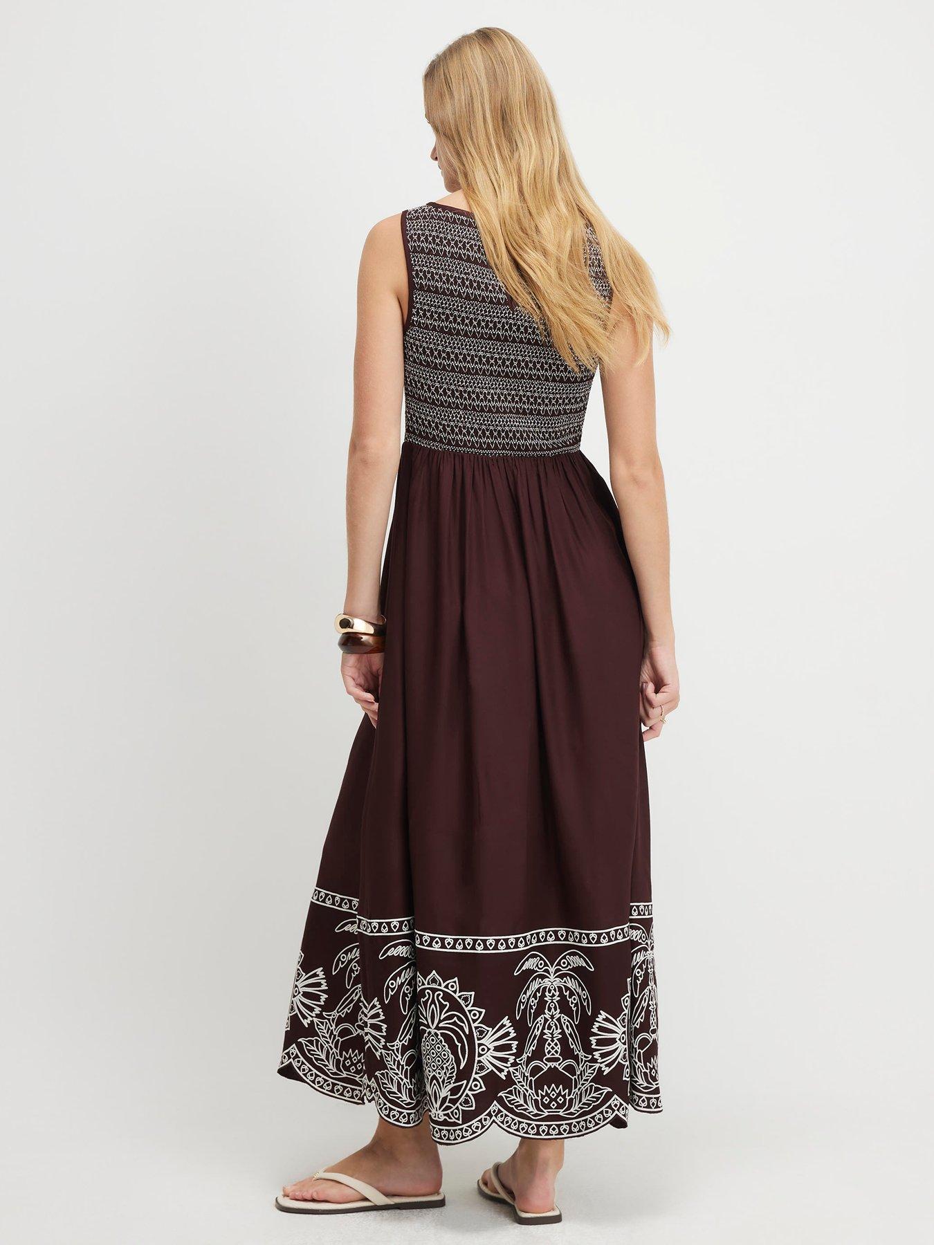 Image 2 of 6 of River Island Cotton Embroidered Hem Midi Dress - Brown