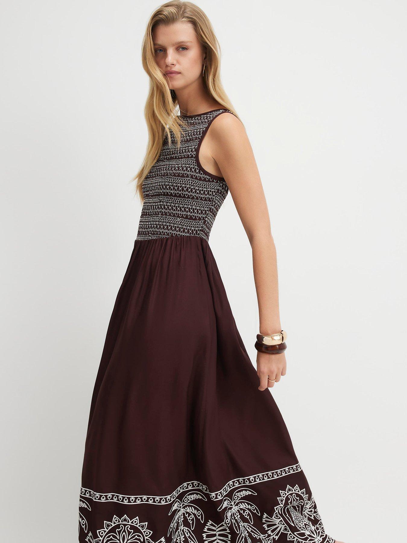 Image 3 of 6 of River Island Cotton Embroidered Hem Midi Dress - Brown