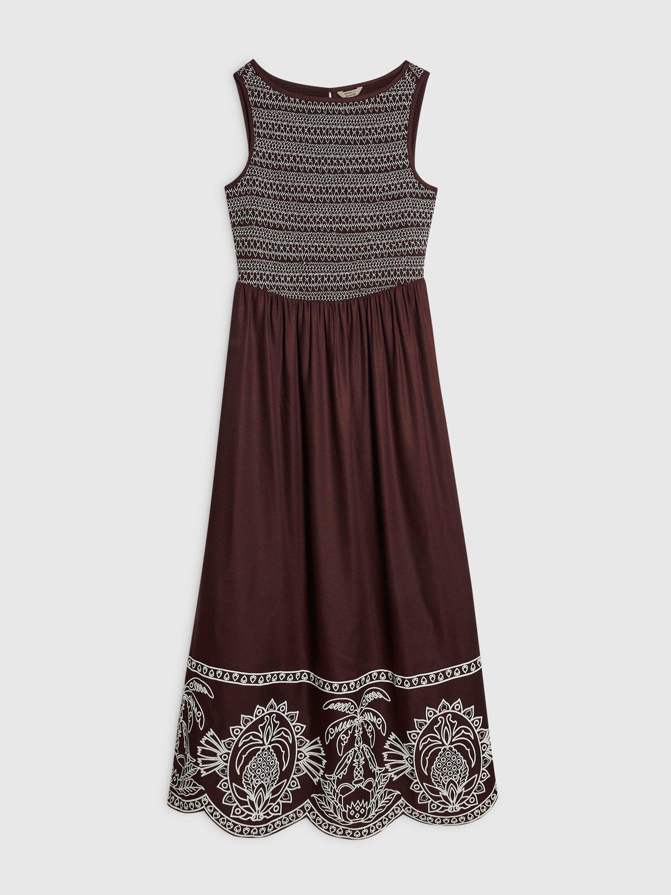 Image 6 of 6 of River Island Cotton Embroidered Hem Midi Dress - Brown