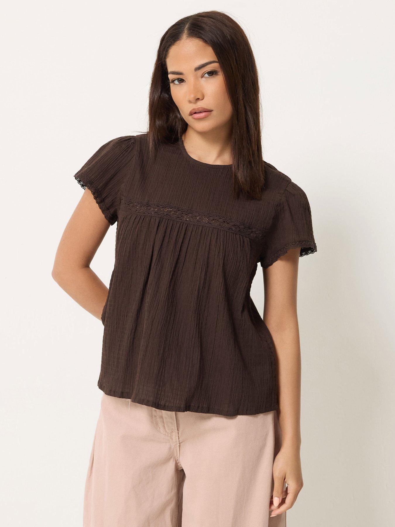 Image 1 of 4 of PixieGirl Petite Crinkle Crochet Top - Brown