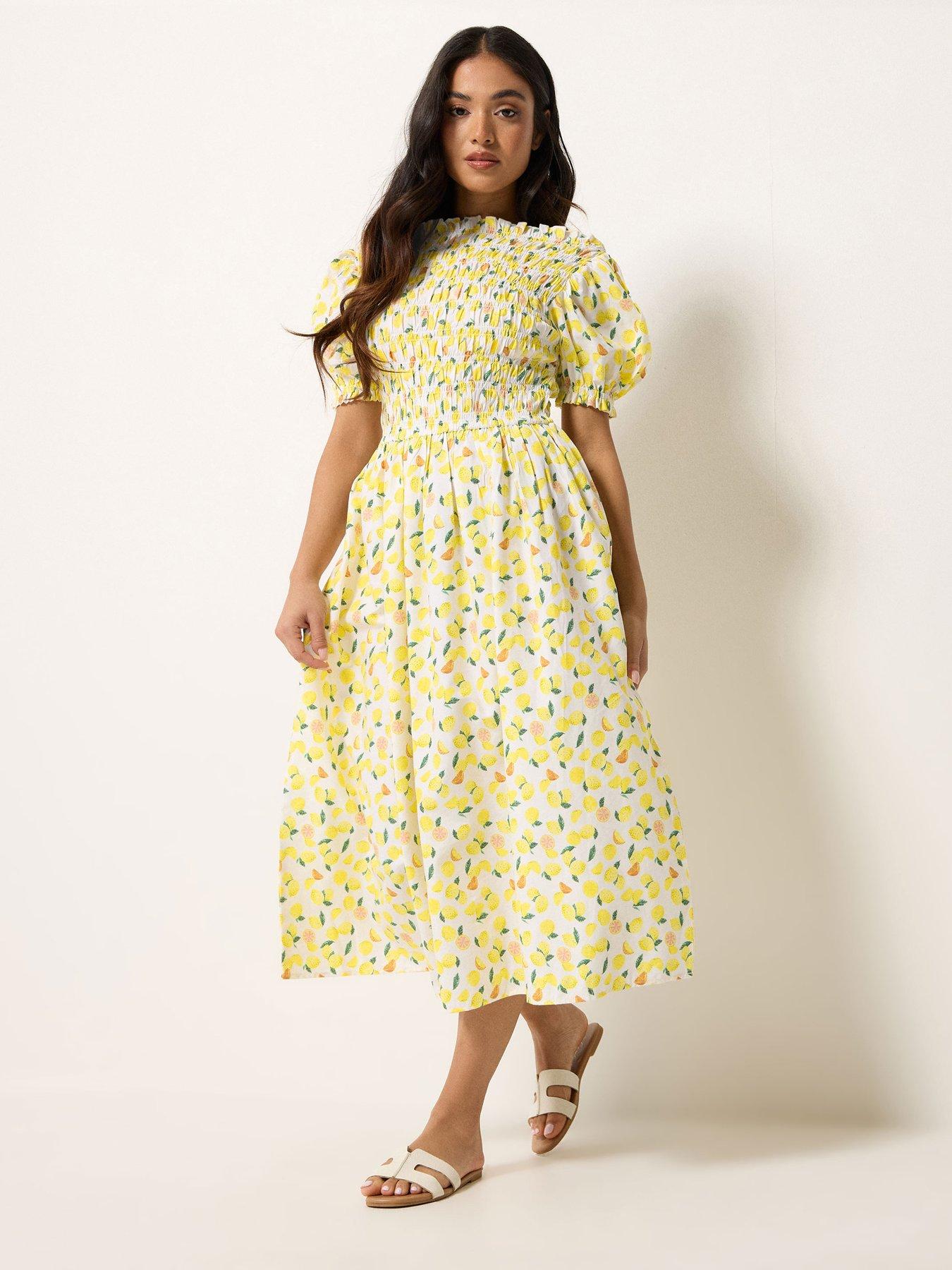 PixieGirl Petite Shirred Midi Dress - Yellow